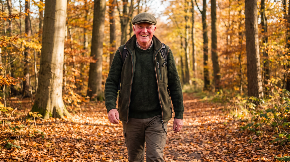 Älterer Mann geht gut gelaunt und zügig einen Waldweg entlang