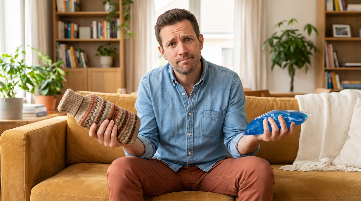 Mann hält Wärmflasche und Kühlpack und überlegt, was besser hilft