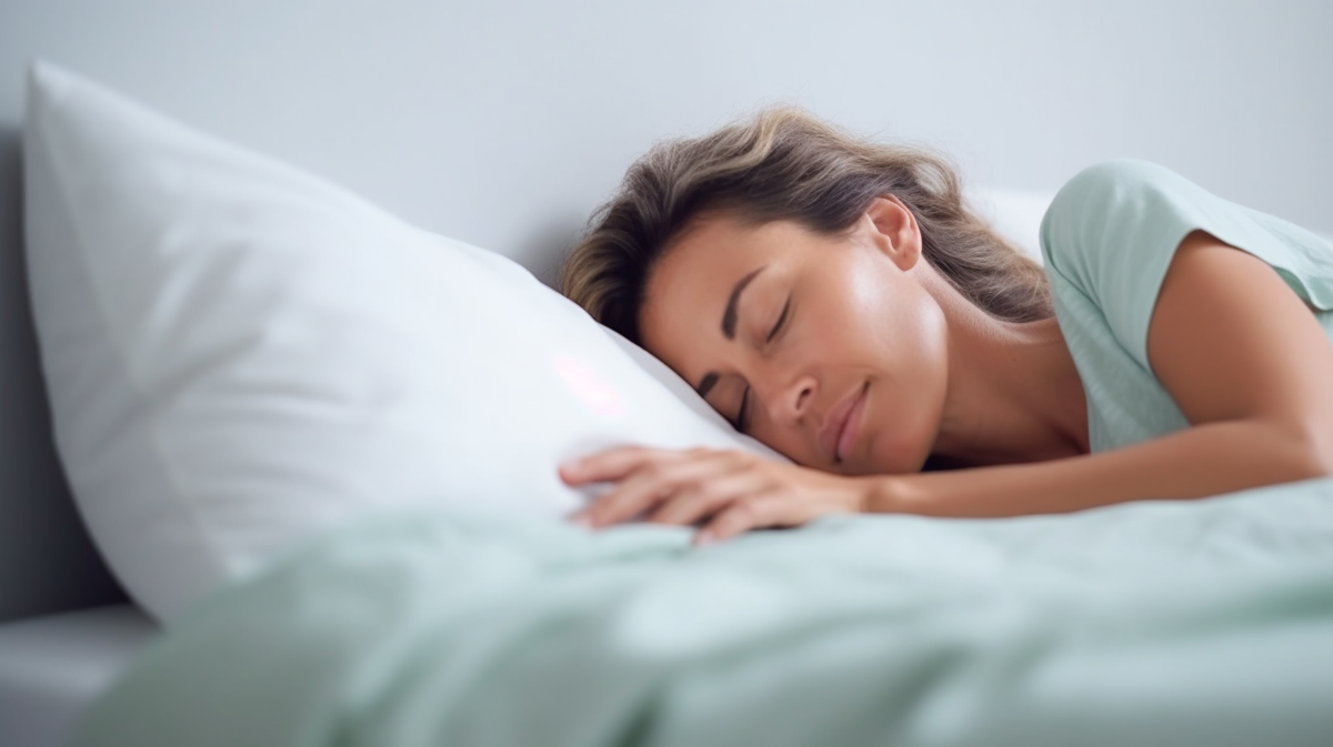 Frau schläft auf der Seite im Bett