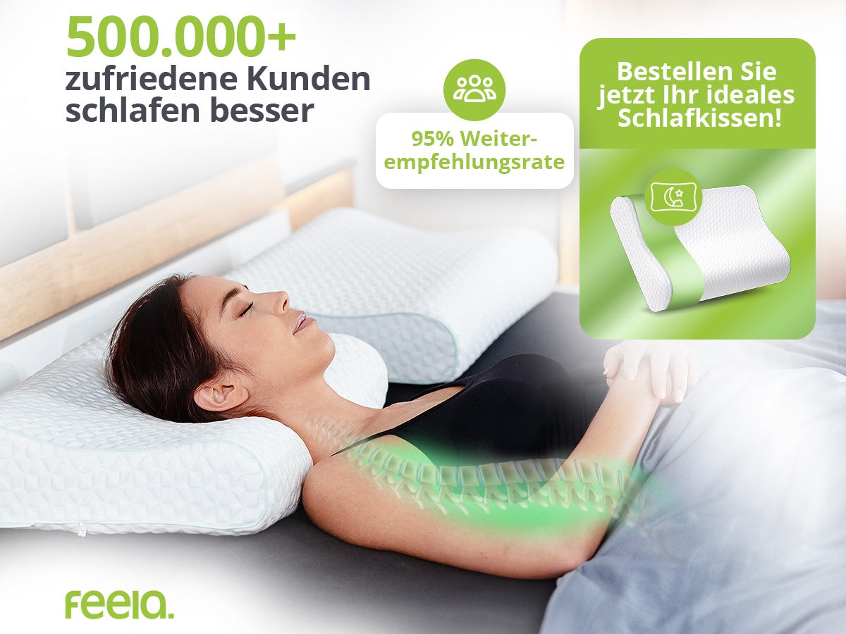 Orthopädisches Kopfkissen von feelia – deutsche Marke mit App & eBook, 24/7 Kundenservice und über 500.000 zufriedenen Kunden.