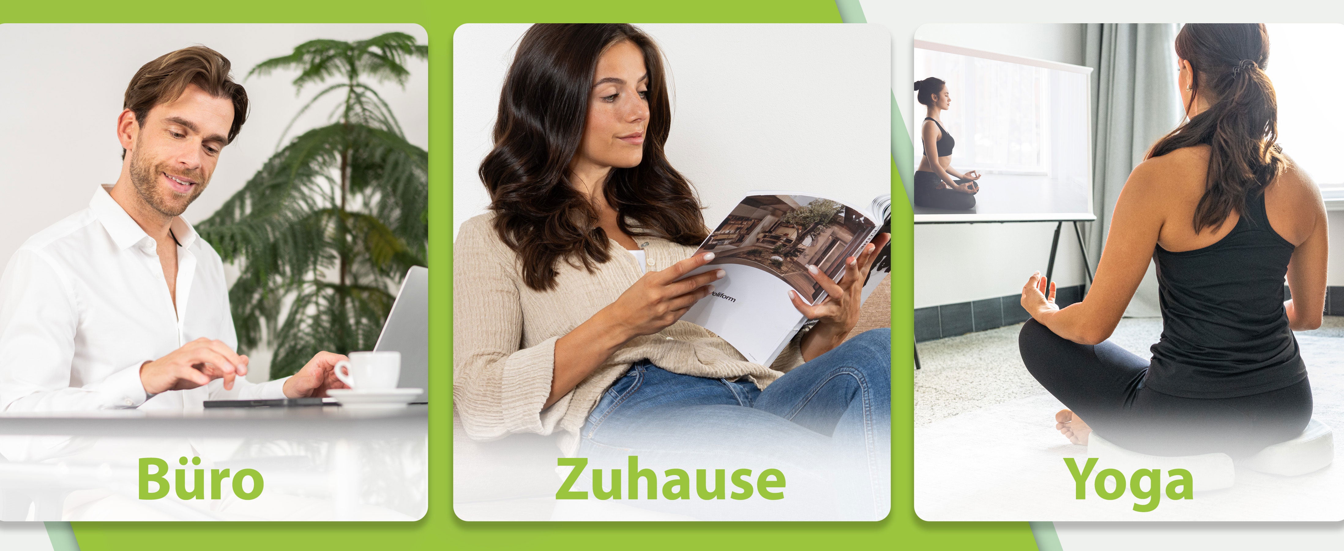 Orthopädisches Sitzkissen von feela, ideal für Büro, Zuhause und Yoga. Bild zeigt drei Personen in verschiedenen Szenen, die das Kissen benutzen.