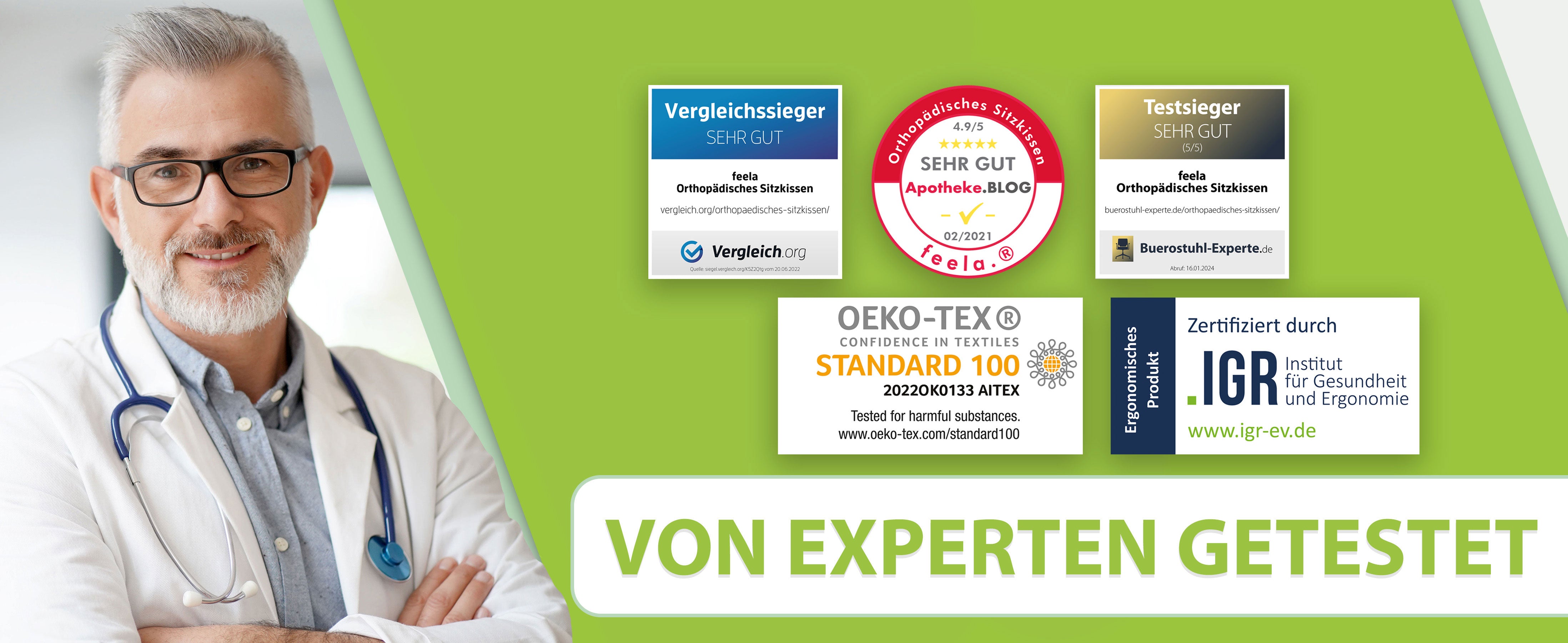 Bild eines lächelnden Arztes in weißem Kittel neben Bewertungsabzeichen, die das Sitzkissen als 'Sehr Gut' auszeichnen. Logos von Vergleich.org, Apotheke.BLOG, und anderen Bewertungsportalen sowie das IGR-Zertifikat für Ergonomie.