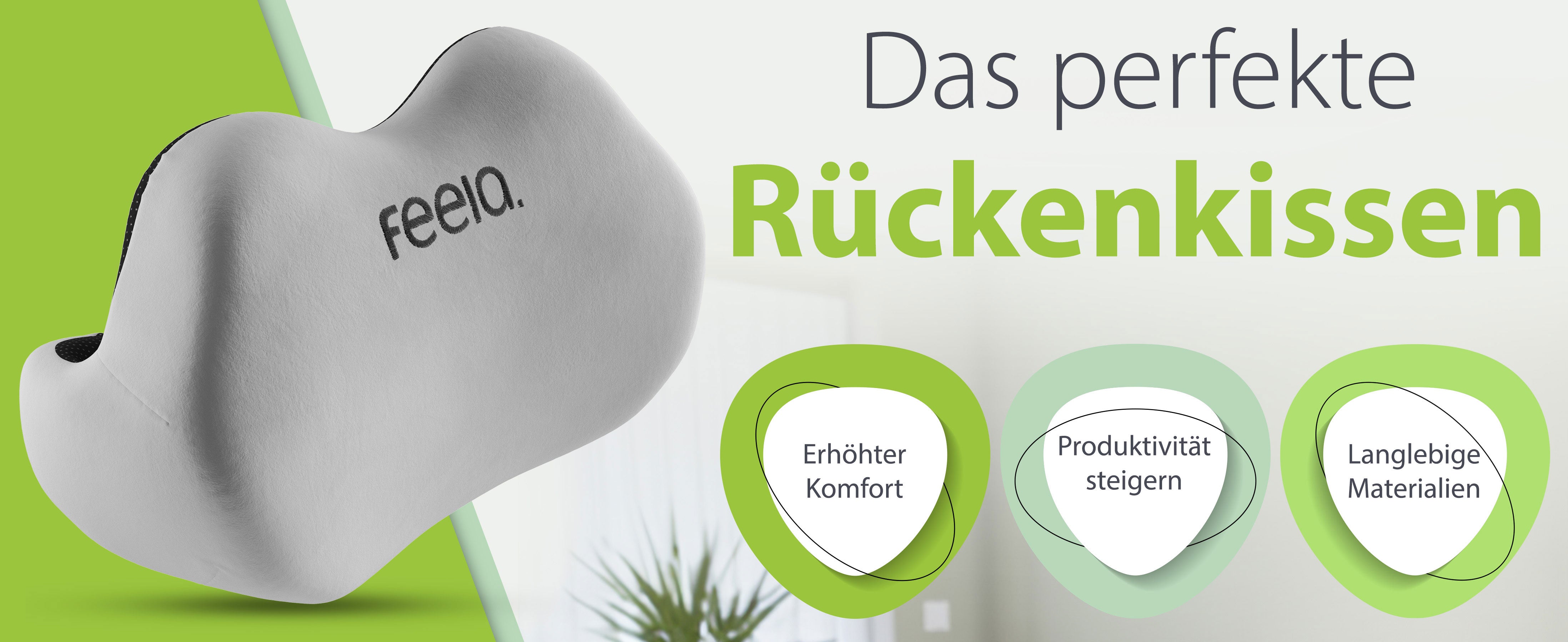 Silbernes Rückenkissen von 'feela', entwickelt für optimale Rückenunterstützung und Sitzkomfort.
