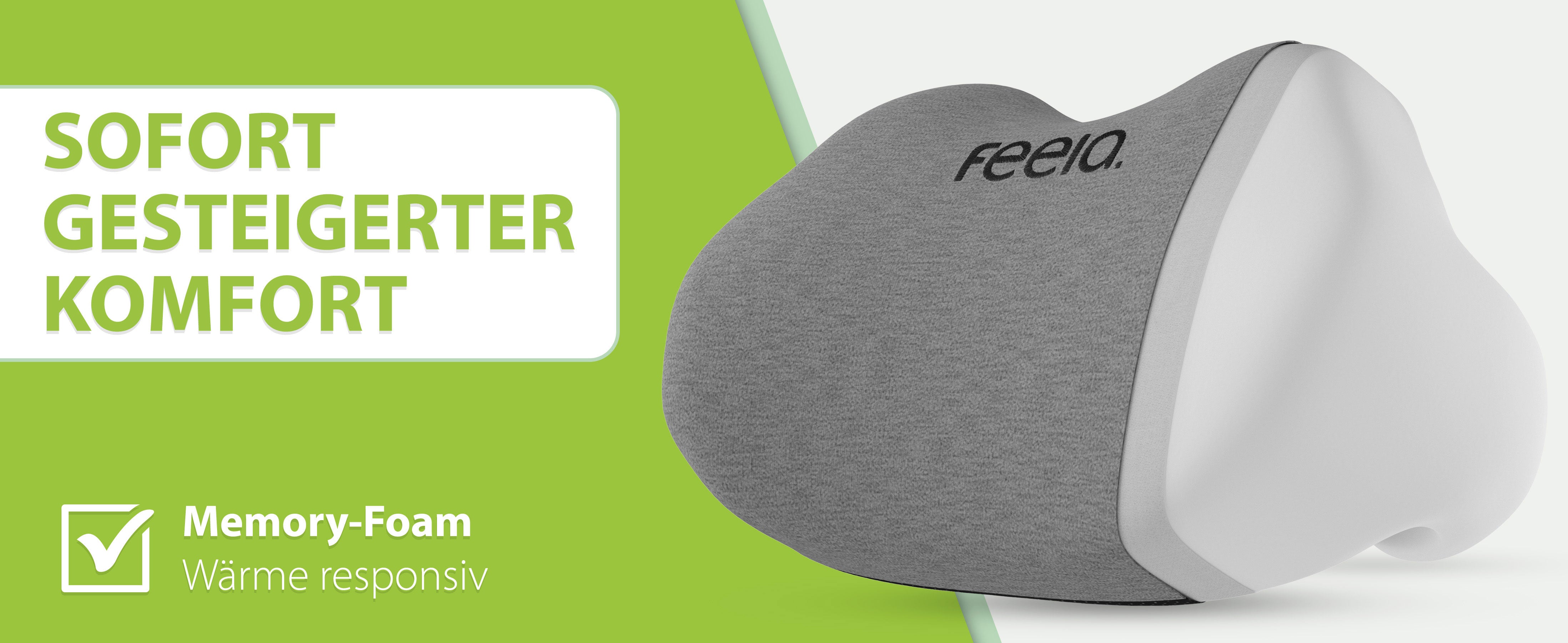 Komfort Rückenkissen in Dunkelgrau von 'feela', verbessert die Sitzhaltung und reduziert Rückenschmerzen.