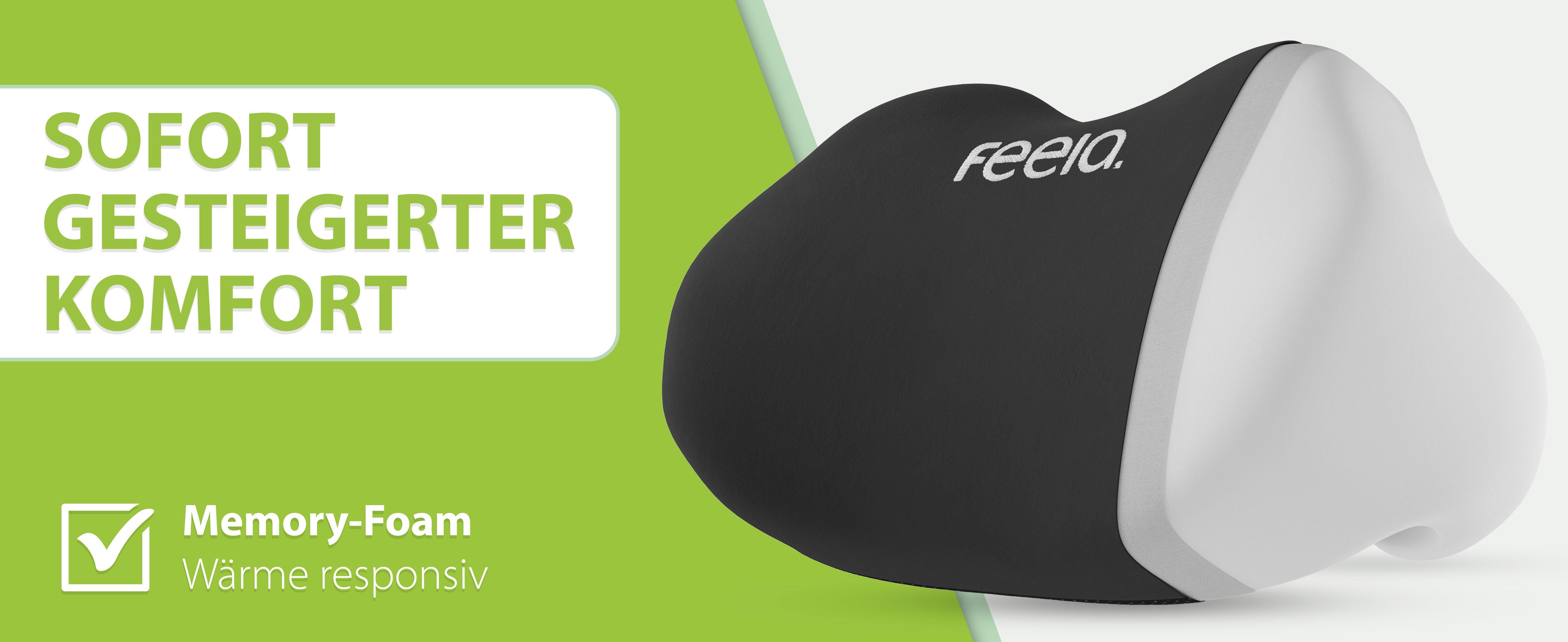 Schwarzes Komfort Rückenkissen von 'feela', ideal für lange Sitzperioden, fördert eine gesunde Haltung.