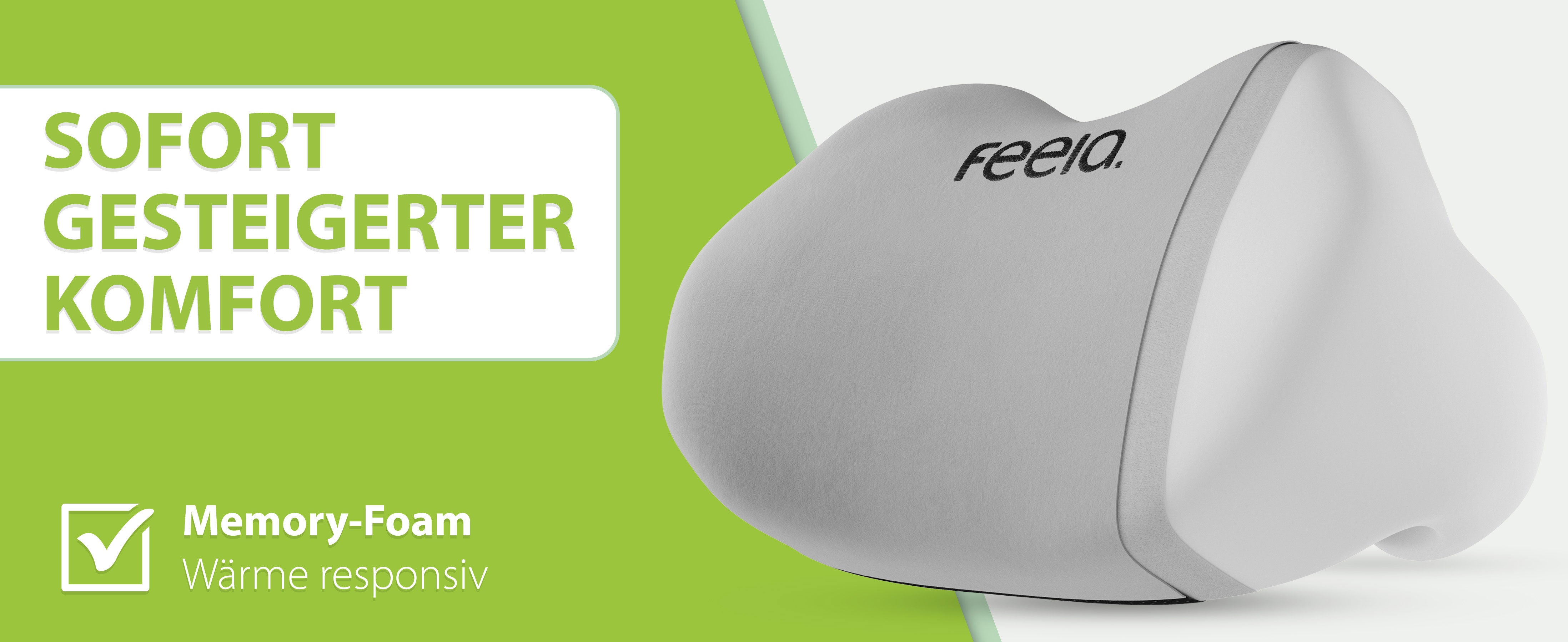 Silbernes Komfort Rückenkissen von 'feela', mit Memory-Schaum für dauerhaften Sitzkomfort.