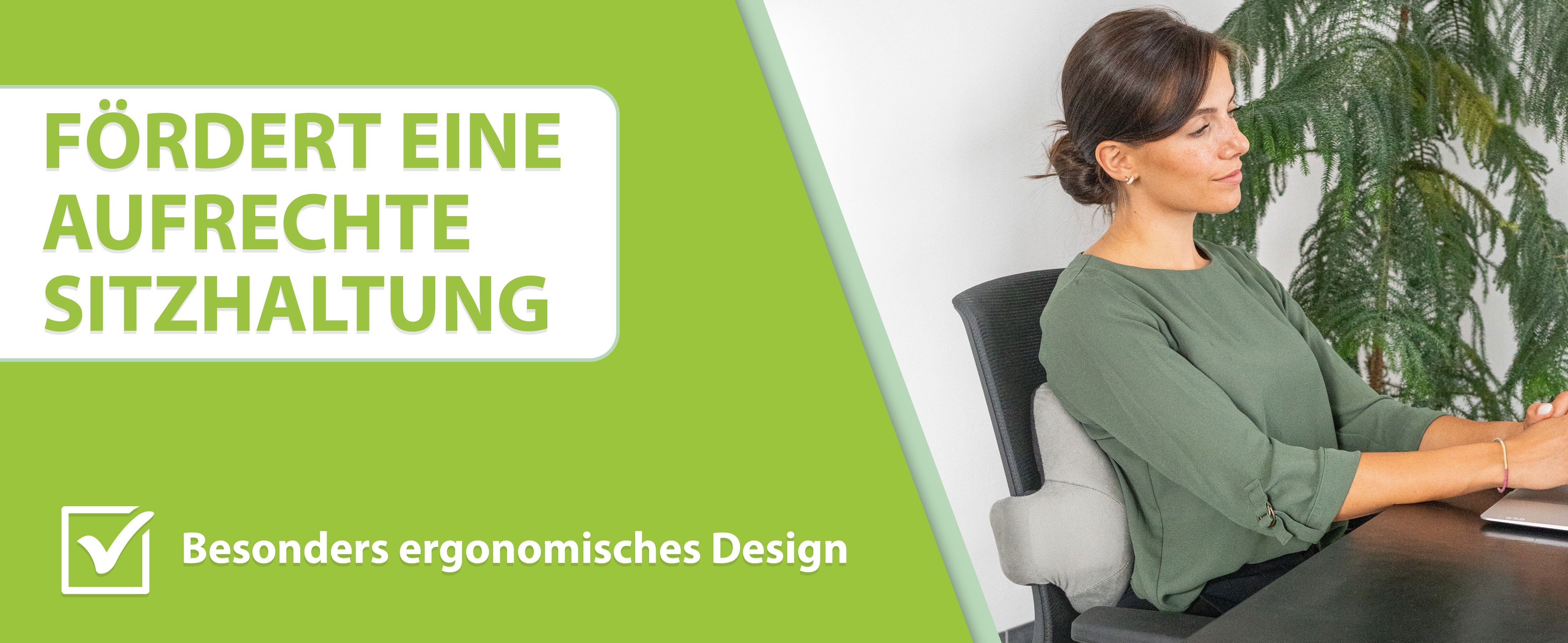 Silbernes Rückenkissen von 'feela' für eine verbesserte Sitzhaltung, geeignet für Büro und Heimgebrauch.