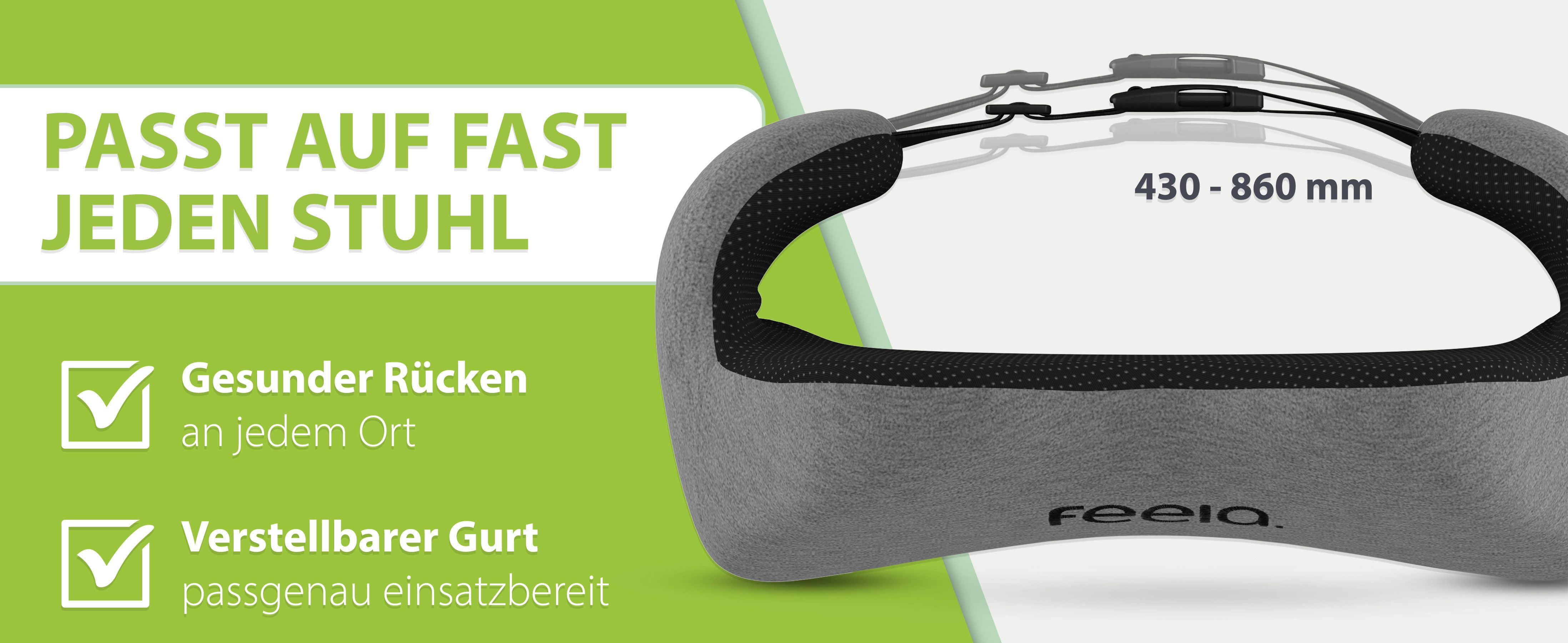 Das feela Rückenkissen in Dunkelgrau, das auf fast jeden Stuhl passt. Gesunder Rücken an jedem Ort, verstellbarer Gurt passgenau einsatzbereit, Maße 430 - 860 mm.