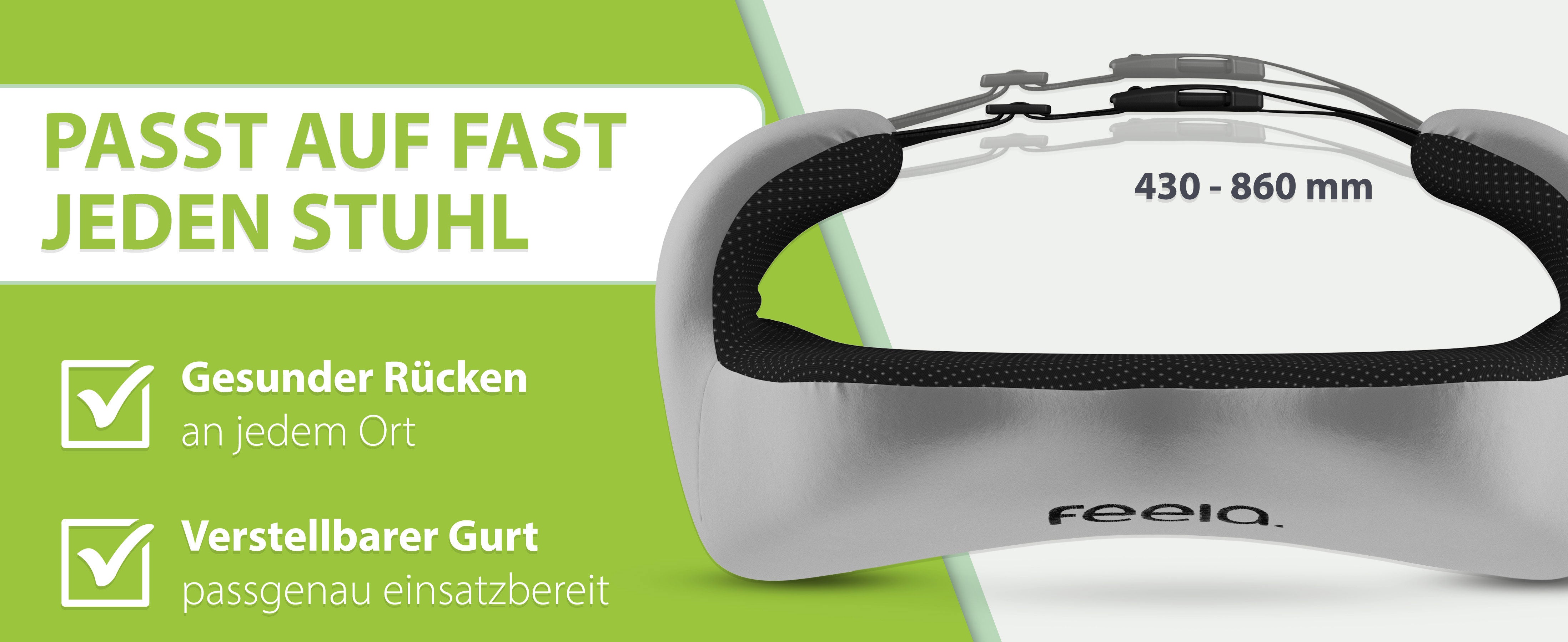 Das feela Rückenkissen in Silber, das auf fast jeden Stuhl passt. Gesunder Rücken an jedem Ort, verstellbarer Gurt passgenau einsatzbereit, Maße 430 - 860 mm.