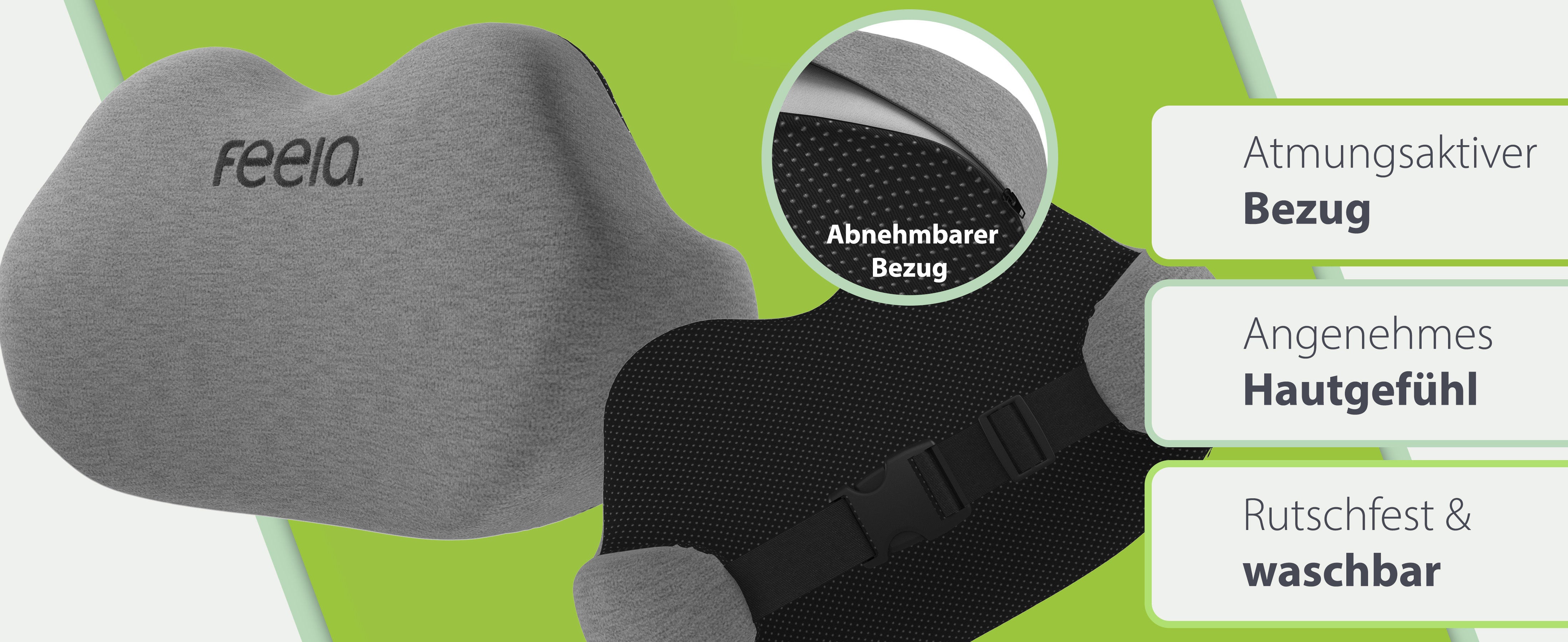 Ein dunkelgraues feela Rückenkissen mit Fokus auf den atmungsaktiven und abnehmbaren Bezug, präsentiert auf grünem Hintergrund mit Details zur Reinigung und den Vorteilen eines angenehmen Hautgefühls, rutschfest und waschbar.