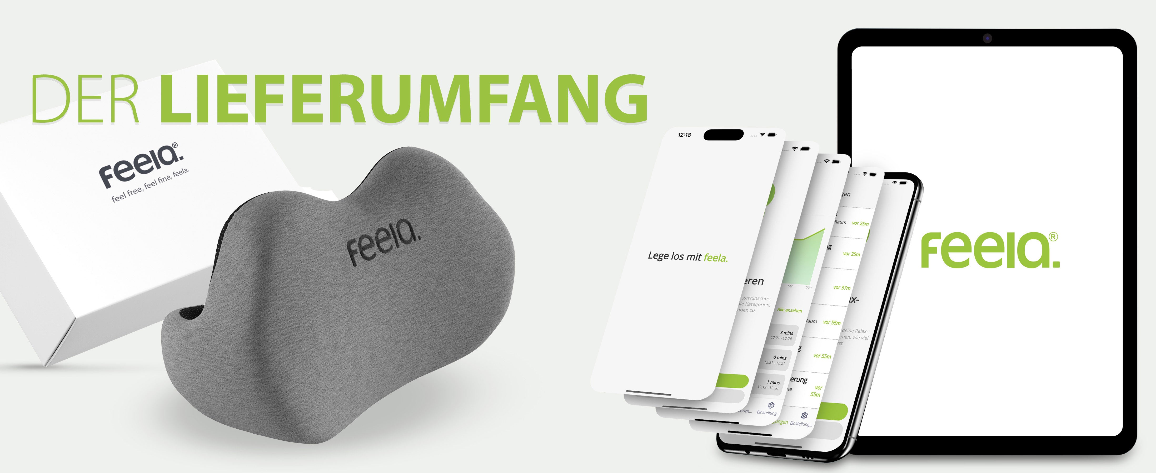 Bild des Lieferumfangs eines dunkelgrauen feela Rückenkissens, inklusive einer Box und einer Darstellung der App auf mehreren Smartphones und einem Tablet, auf grünem Hintergrund mit dem Slogan 'Lege los mit feela.'.