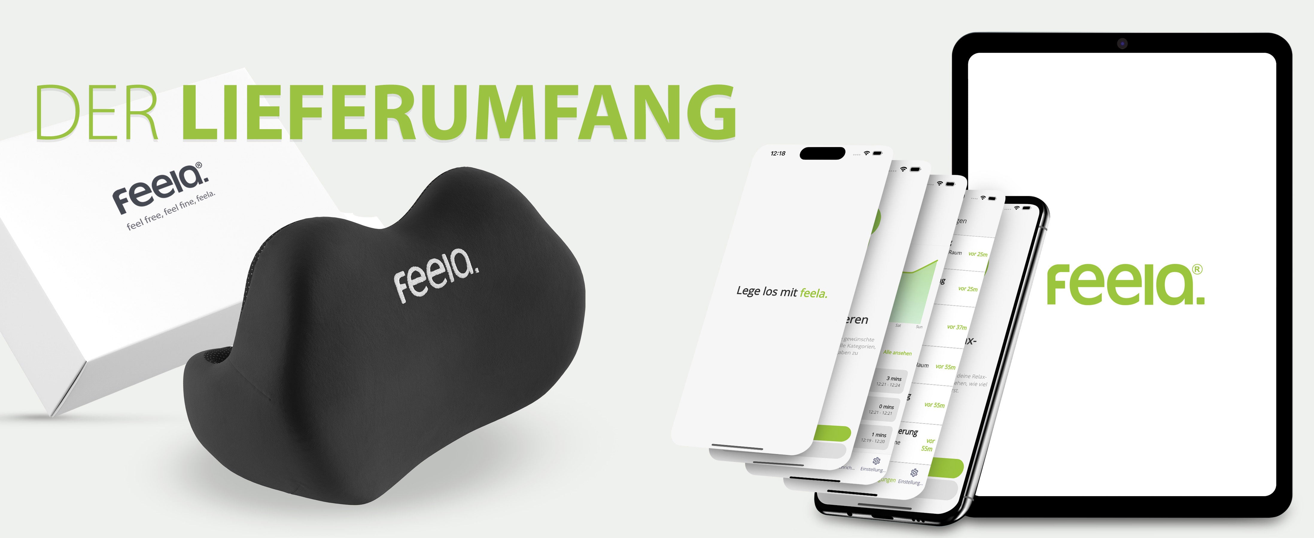 Schwarzes feela Rückenkissen, präsentiert mit Verpackung und digitalen Produkten wie einer App auf Smartphones und einem Tablet, auf grünem Hintergrund mit Text 'Der Lieferumfang', betont den sofortigen Start mit den Produkten.