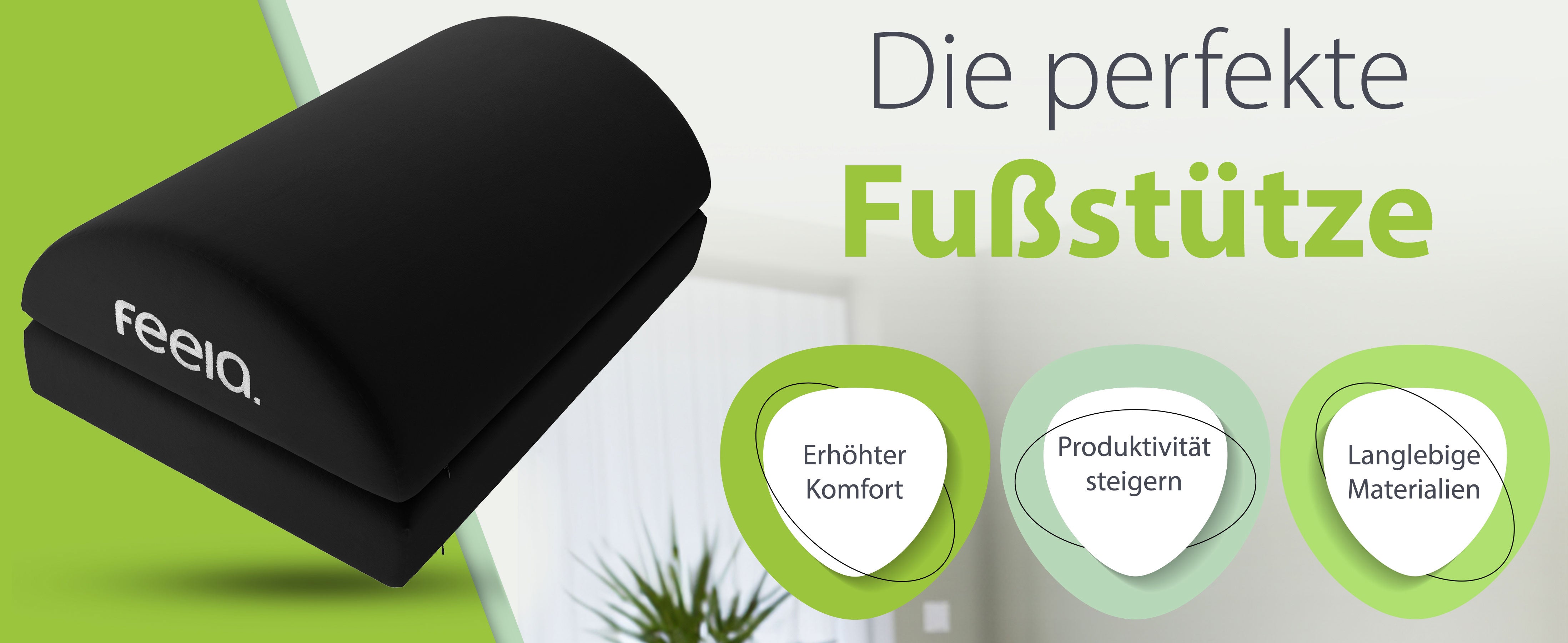 Dieses breite Banner präsentiert die 'perfekte Fußstütze' von feela in schwarz, hervorgehoben durch grafische Symbole, die den erhöhten Komfort, die Produktivitätssteigerung und die Nutzung langlebiger Materialien betonen. Ideal für eine stilvolle und funktionale Bürogestaltung.
