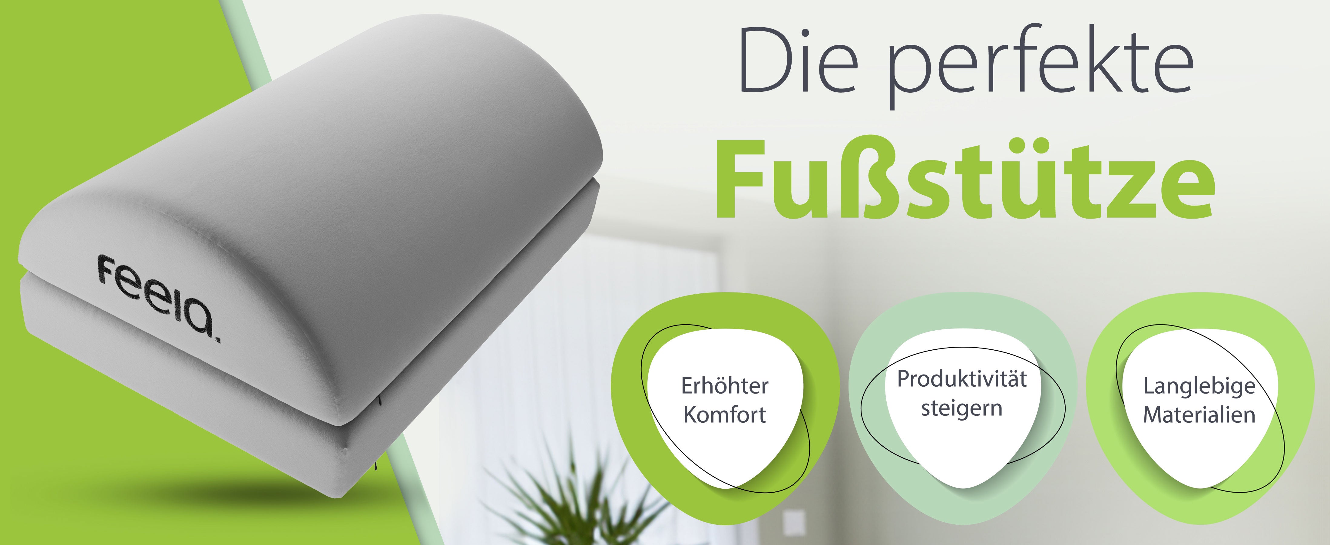 Dieses breite Banner präsentiert die 'perfekte Fußstütze' von feela in Silber, hervorgehoben durch grafische Symbole, die den erhöhten Komfort, die Produktivitätssteigerung und die Nutzung langlebiger Materialien betonen. Ideal für eine stilvolle und funktionale Bürogestaltung.