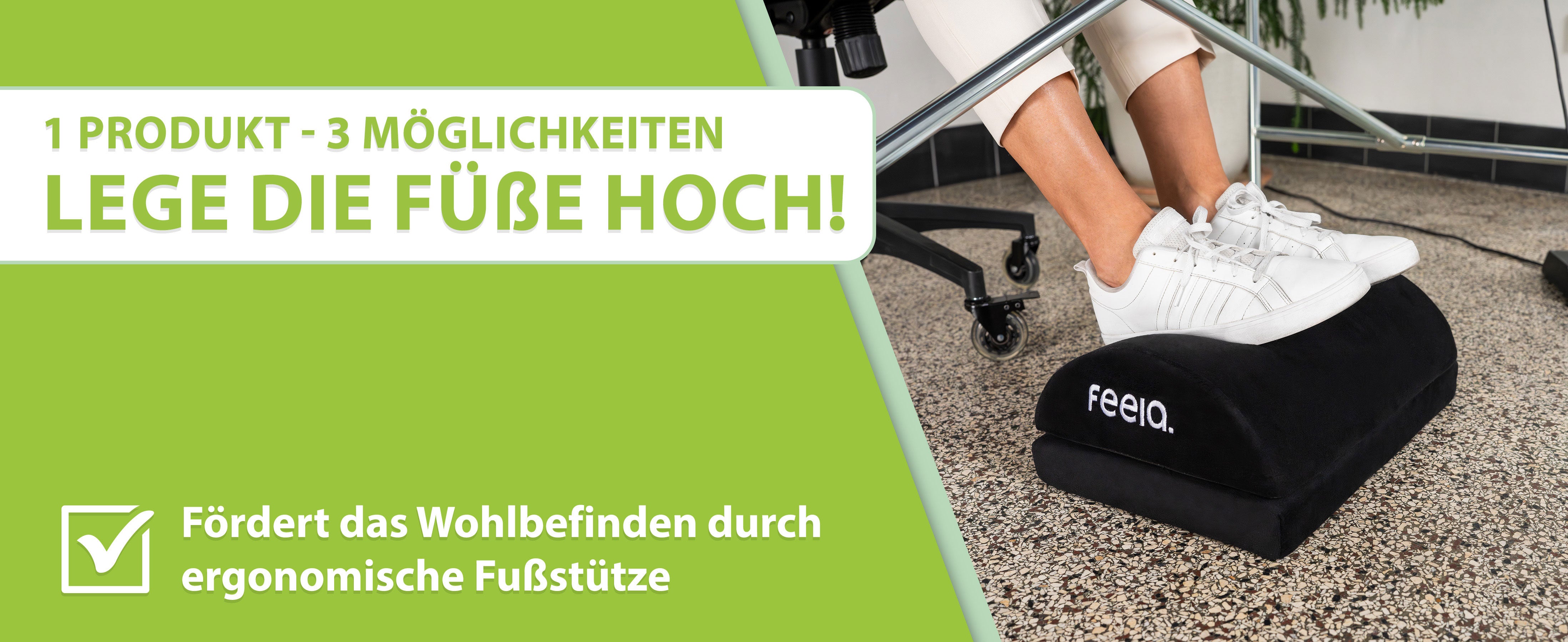 Diese Grafik zeigt die multifunktionale Nutzung der feela Fußstütze in einer Büroumgebung. Eine junge Frau in Business-Kleidung entspannt ihre Füße auf der stilvollen schwarzen Fußstütze, welche das Wohlbefinden durch ihre ergonomische Form fördert.
