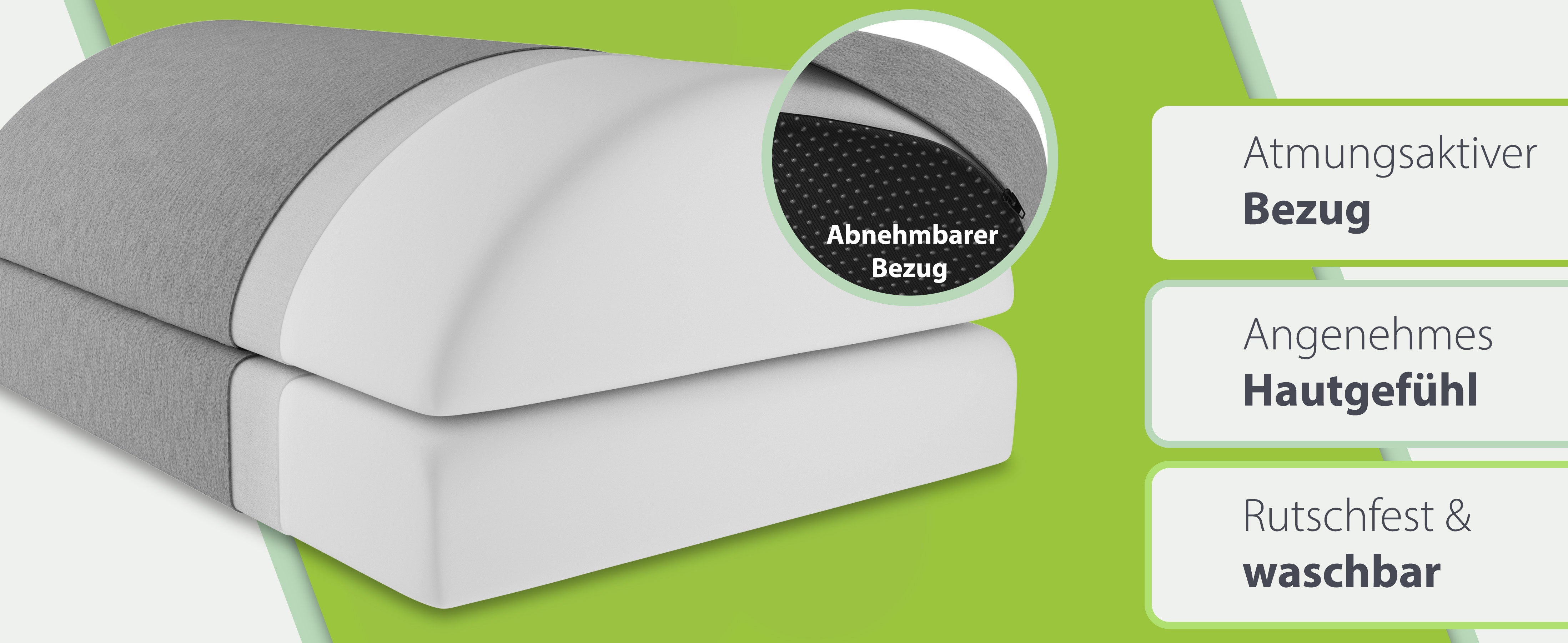 Abnehmbarer, atmungsaktiver Bezug einer dunkelgrauen ergonomischen Fußstütze von feela, hervorgehoben durch das Feature des angenehmen Hautgefühls und der Waschbarkeit, mit Detailansicht des Reißverschlusses.