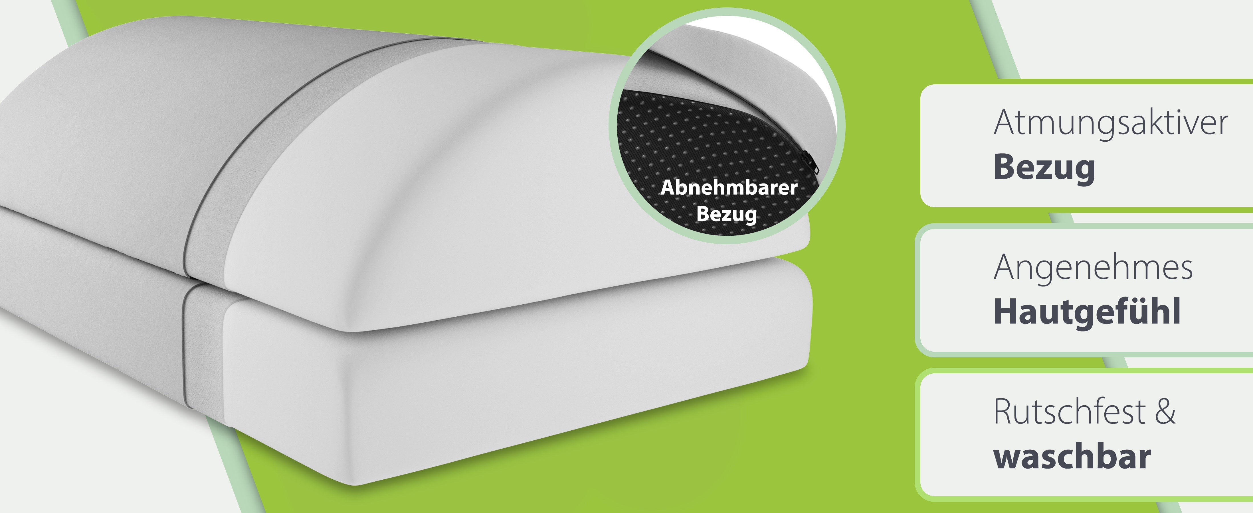 Abnehmbarer, atmungsaktiver Bezug einer silbernen ergonomischen Fußstütze von feela, hervorgehoben durch das Feature des angenehmen Hautgefühls und der Waschbarkeit, mit Detailansicht des Reißverschlusses.