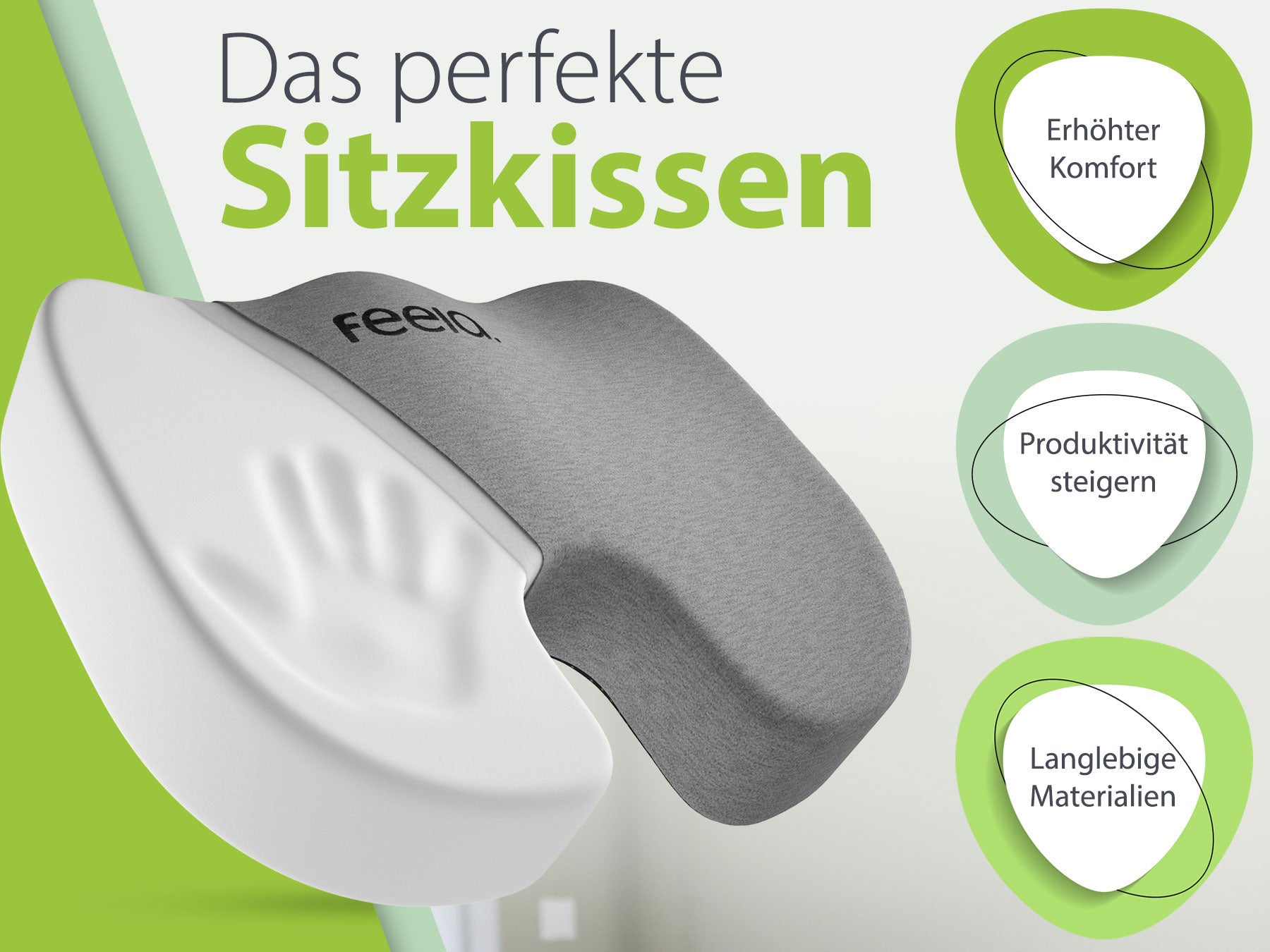 Das orthopädische Sitzkissen von feela in Dunkelgrau, präsentiert als das perfekte Sitzkissen, das erhöhten Komfort und Produktivität fördert, sowie aus langlebigen Materialien besteht.