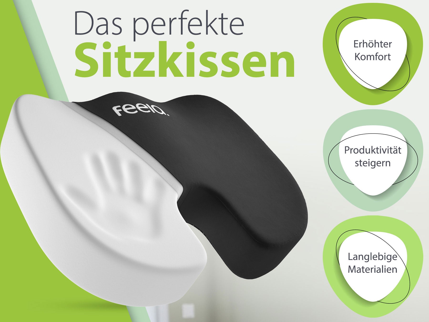 Das orthopädische Sitzkissen von feela in Schwarz, präsentiert als das perfekte Sitzkissen, das erhöhten Komfort und Produktivität fördert, sowie aus langlebigen Materialien besteht.