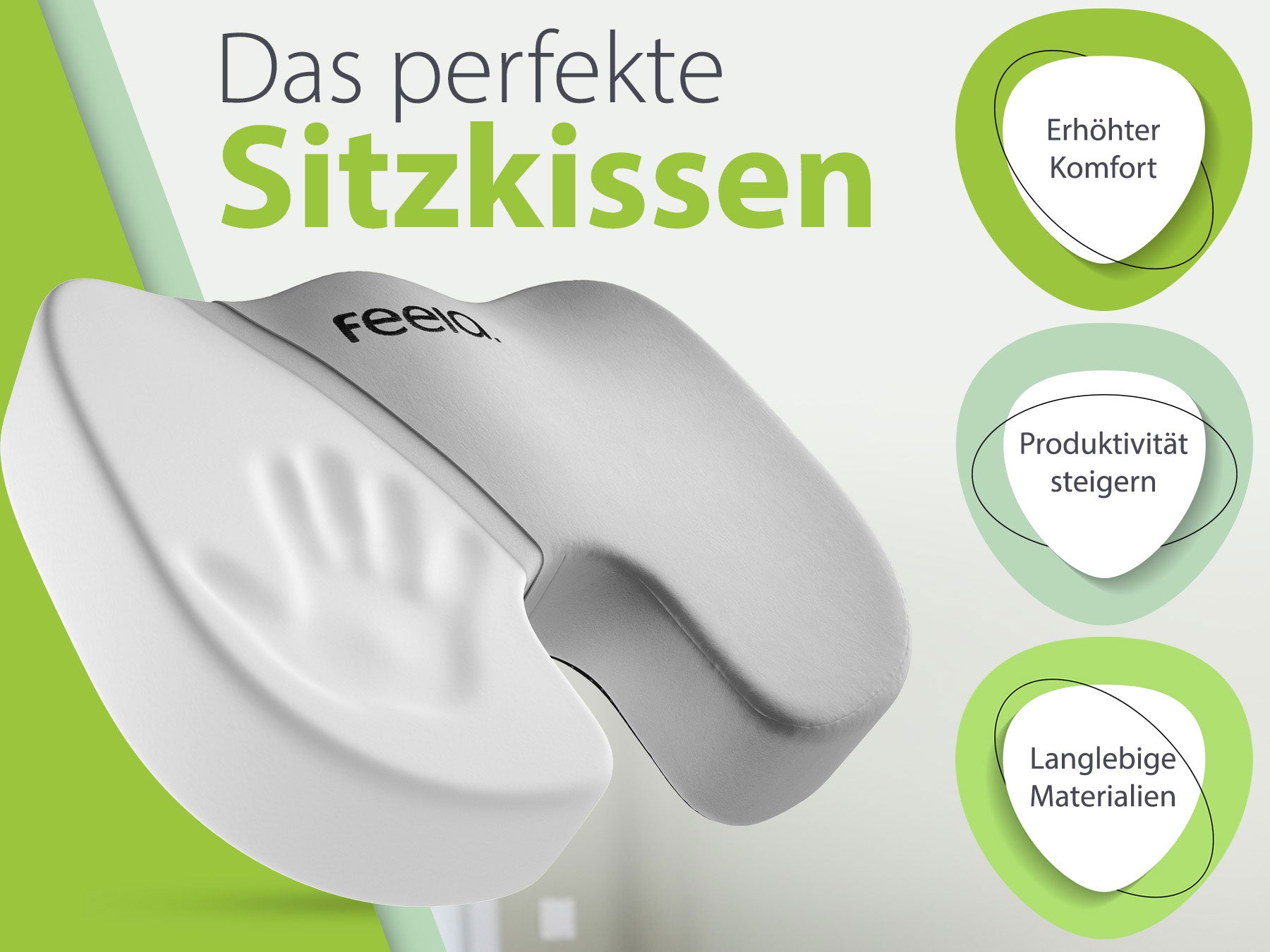 Das orthopädische Sitzkissen von feela in Silber, präsentiert als das perfekte Sitzkissen, das erhöhten Komfort und Produktivität fördert, sowie aus langlebigen Materialien besteht.
