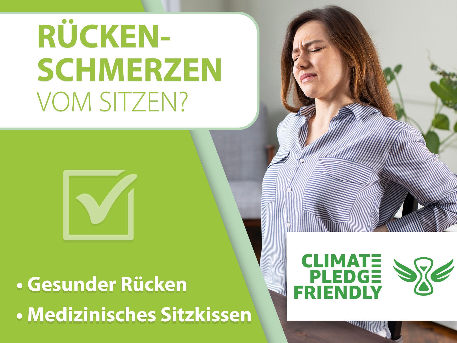 Thumbnail für ein Video, das ein orthopädisches Sitzkissen von feela bewirbt, mit Fokus auf Schmerzlinderung und gesundes Sitzen, zertifiziert als klimafreundliches Produkt.