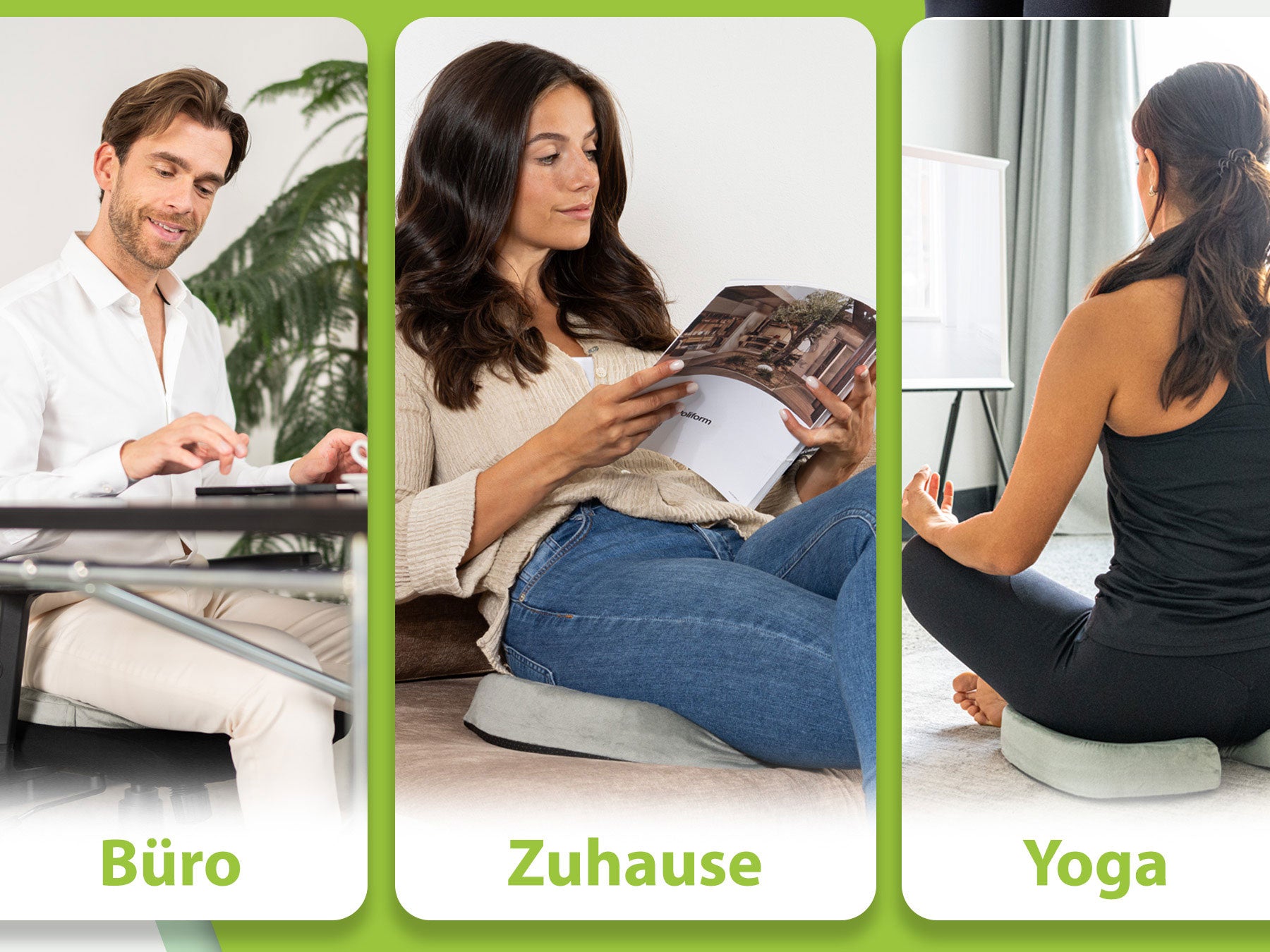 Anwendungsbilder des orthopädischen Sitzkissens von feela in verschiedenen Szenarien: im Büro, zu Hause und während Yoga, zeigt Flexibilität und Vielseitigkeit des Produkts.