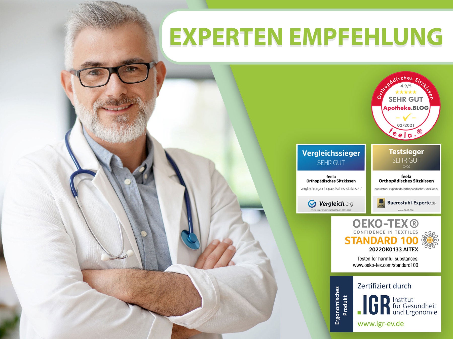 Expertenempfehlung für das orthopädische Sitzkissen, abgebildet mit einem lächelnden Arzt und Bewertungen sowie Zertifizierungen, die die Qualität und Ergonomie des Produkts bestätigen.