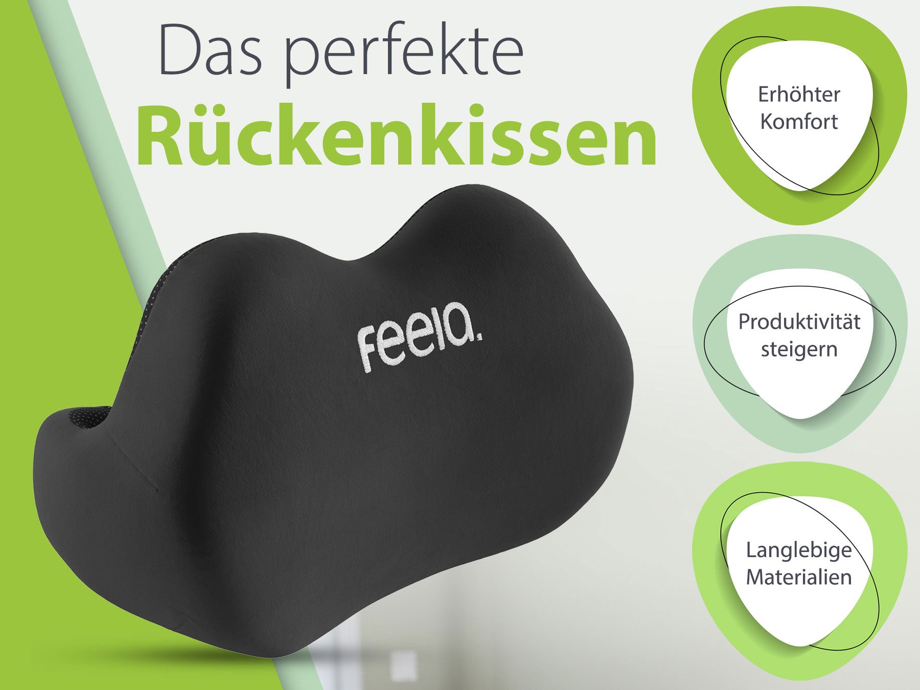 Ergonomisches Rückenkissen in Schwarz von Feela. Unterstützt eine gesunde Sitzhaltung, langlebig und komfortabel, geeignet für lange Arbeitsstunden.