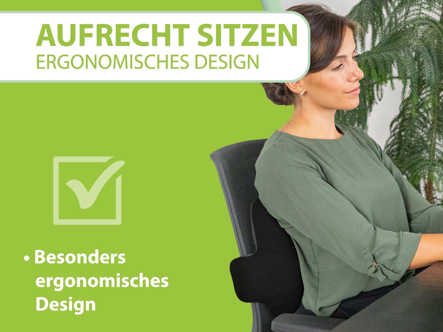 Schwarzes ergonomisches Rückenkissen von Feela, unterstützt perfekte Sitzhaltung und beugt Rückenschmerzen vor, robust und stylish.