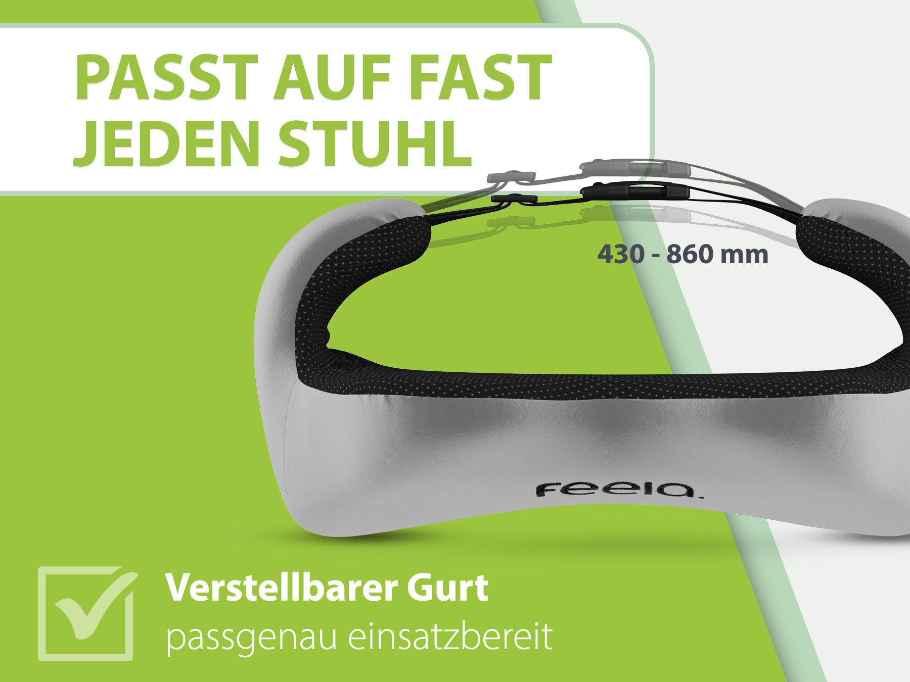 Silberfarbenes ergonomisches Rückenkissen von Feela mit anpassbarem Gurt. Kompatibel mit den meisten Stühlen, Gurtlänge von 430 bis 860 mm, für optimale Unterstützung und Komfort.