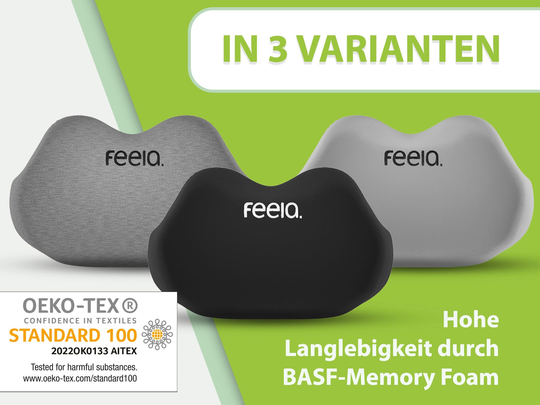 Ergonomisches Rückenkissen von Feela in drei Farbvarianten: Dunkelgrau, Schwarz, Silber. Hergestellt mit BASF-Memory Foam für Langlebigkeit und Komfort, zertifiziert nach OEKO-TEX® Standard 100.