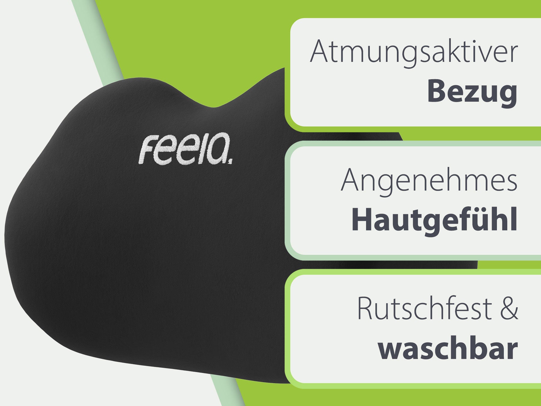 Schwarzes Rückenkissen von Feela mit Details zum atmungsaktiven Bezug, der ein angenehmes Hautgefühl bietet und rutschfest sowie waschbar ist.