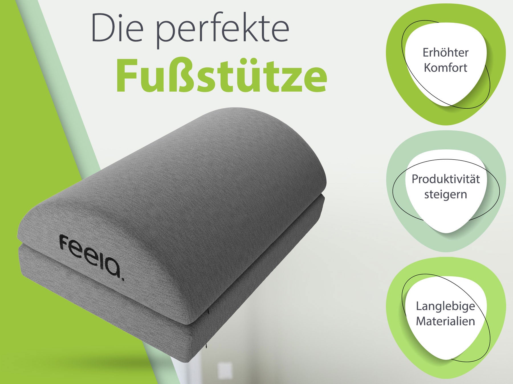 Dunkelgraue ergonomische Fußstütze von feela, präsentiert auf hellem Hintergrund mit Fokus auf Komfort