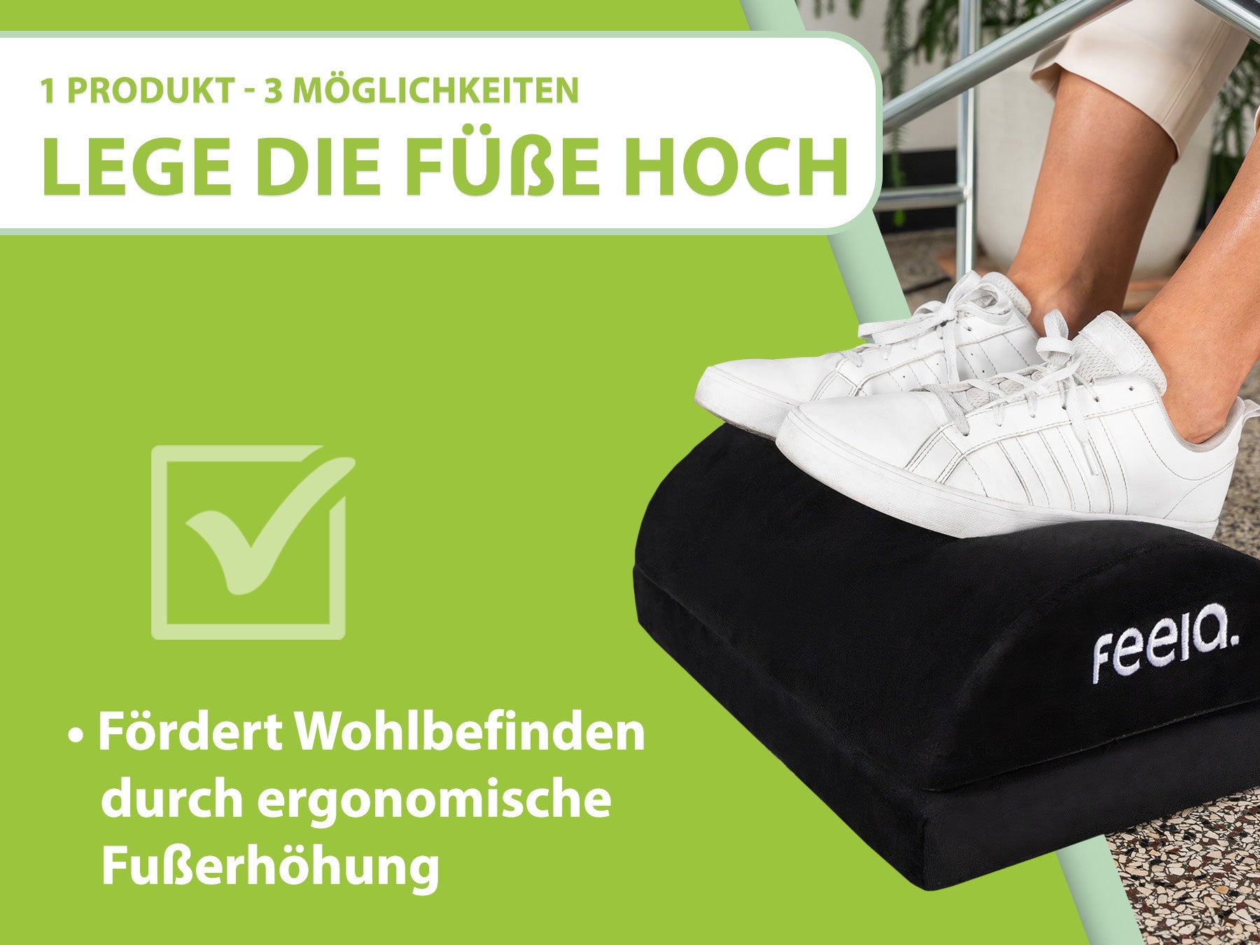 Schwarze ergonomische Fußstütze von feela, gezeigt in verschiedenen Nutzungsszenarien