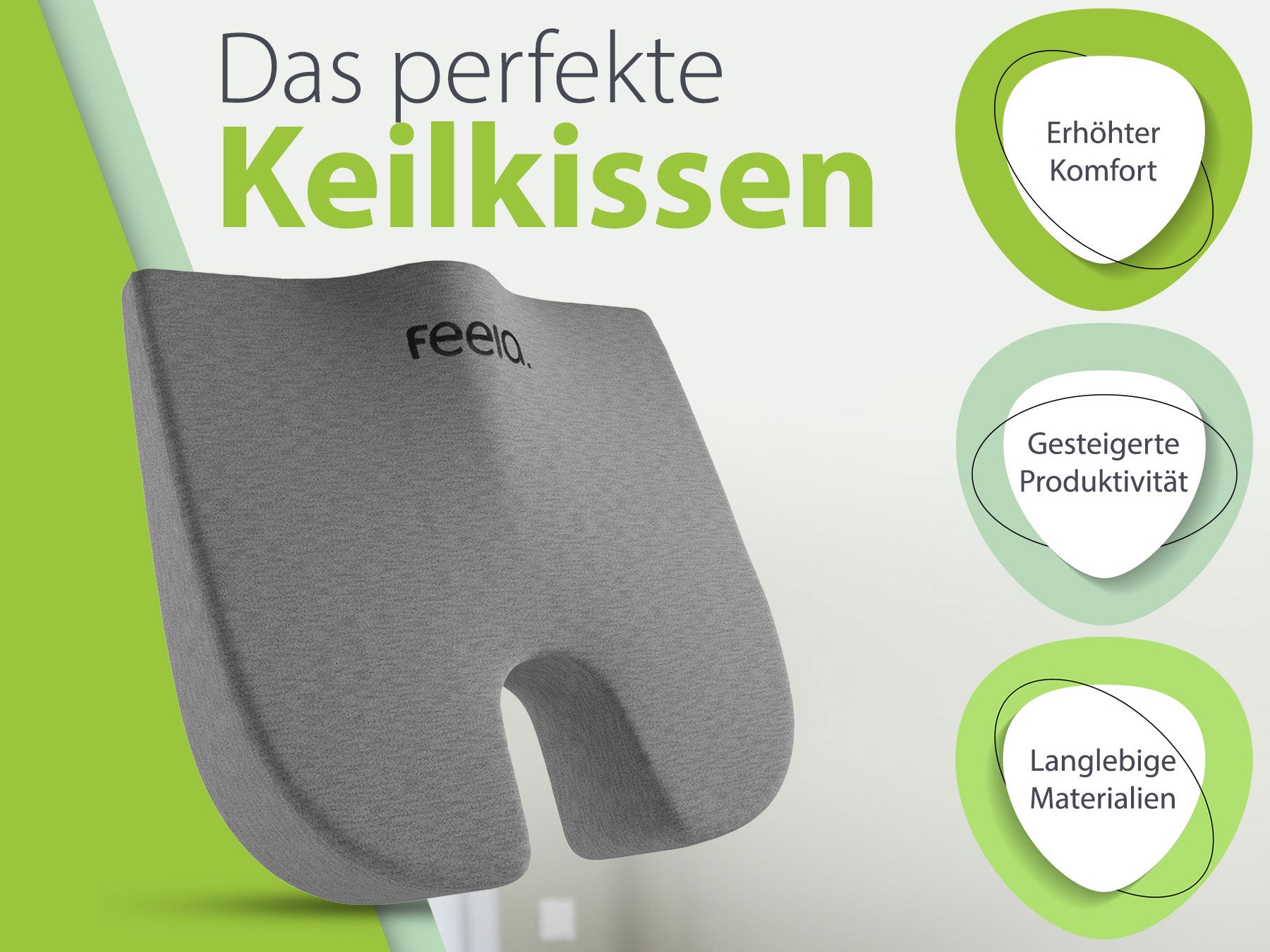 Orthopädisches Keilkissen in Dunkelgrau von feela®, für erhöhten Komfort und Produktivität, aus langlebigen Materialien gefertigt, ideal für Büro und Heimbereich.