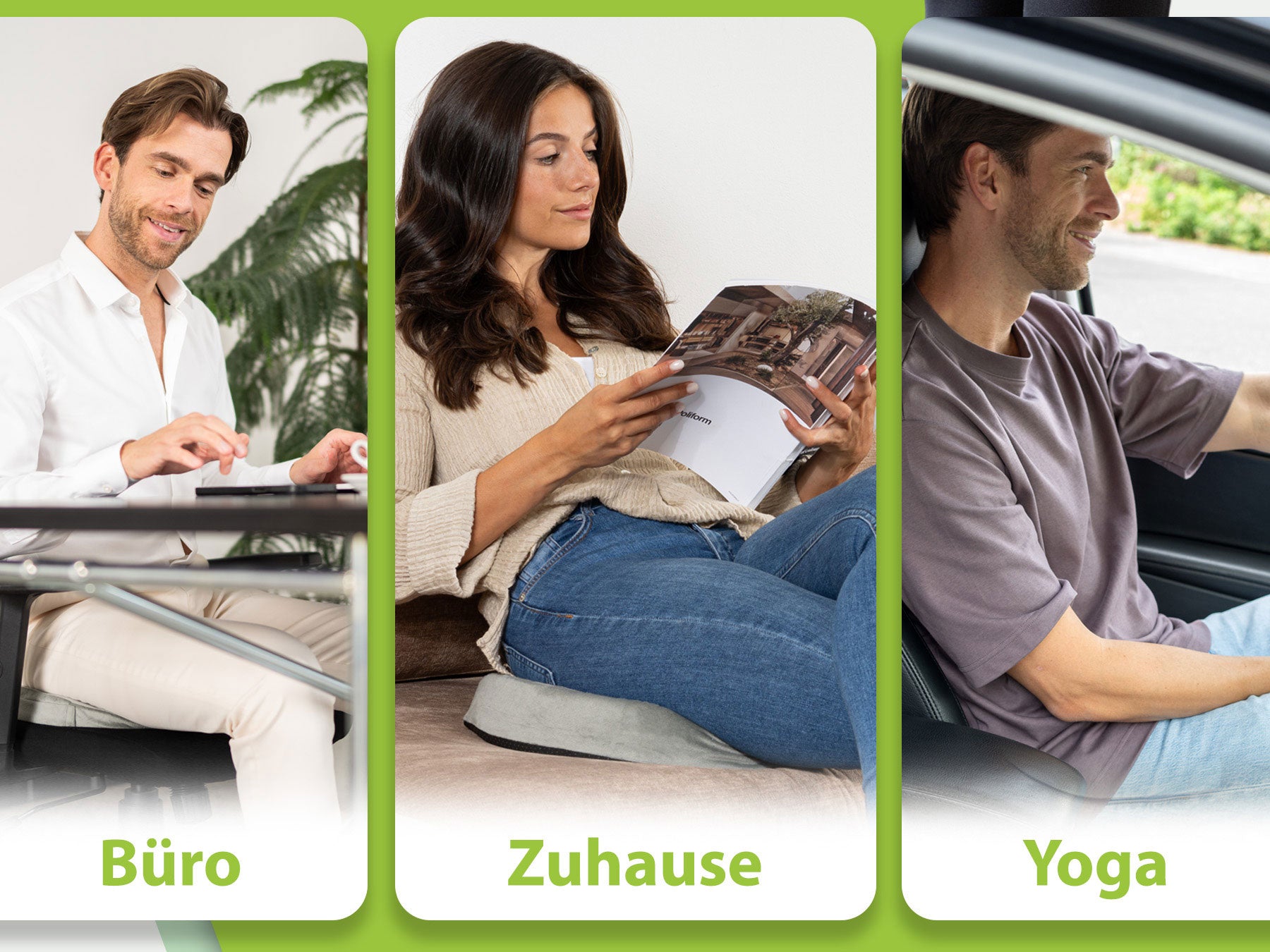 Vielseitiges Anwendungsbild des orthopädischen Keilkissens von feela® in verschiedenen Situationen: Büro, zu Hause, und beim Yoga.