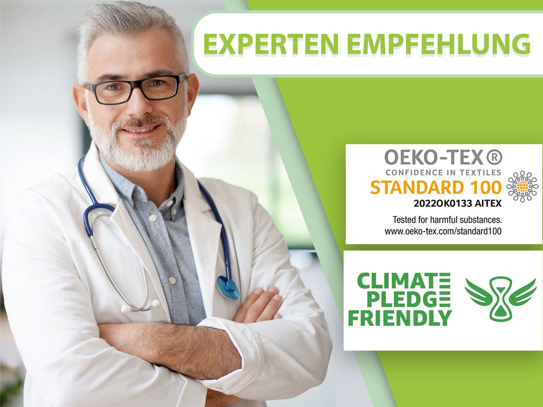 Expertenempfehlung für das orthopädische Keilkissen von feela®, zertifiziert mit OEKO-TEX Standard 100 und klimafreundlich.