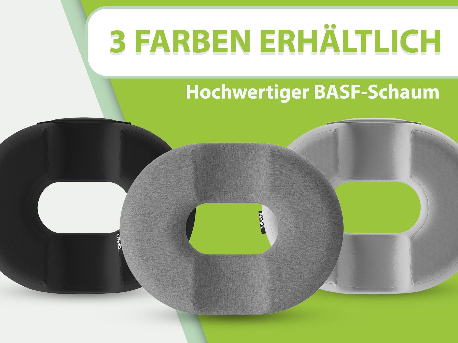 Grafik zeigt die Eigenschaften des orthopädischen Stützrings in drei Farbvarianten mit Hinweisen auf hochwertigen BASF-Schaum und Anwendungen wie Linderung von Schmerzen, Unterstützung nach Operationen im Intimbereich und Hilfe bei Hämorrhoiden.