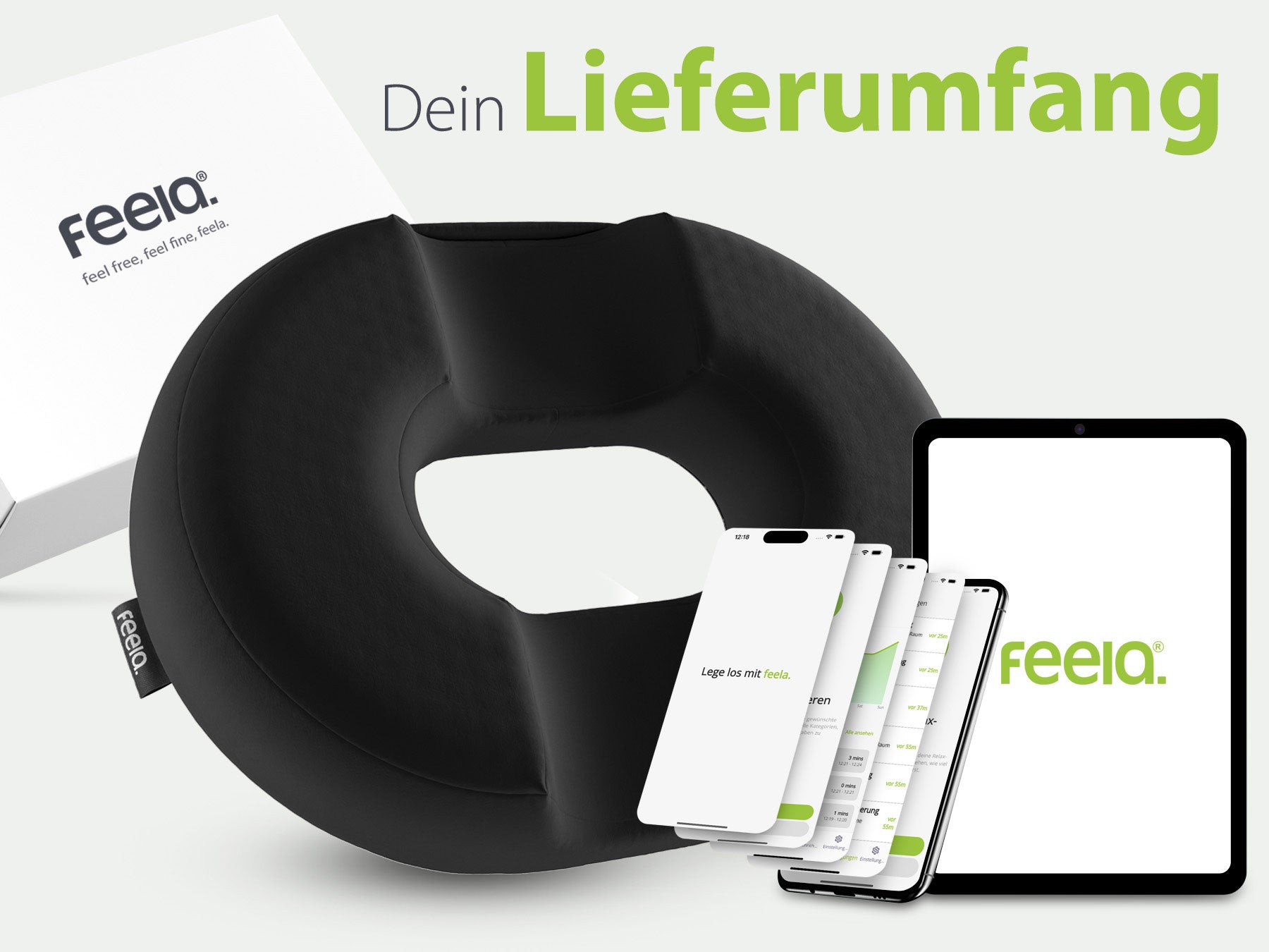 Abbildung des Lieferumfangs des schwarzen orthopädischen Stützrings, inklusive der Feelia-Verpackung und digitaler Darstellung der App auf verschiedenen mobilen Geräten.