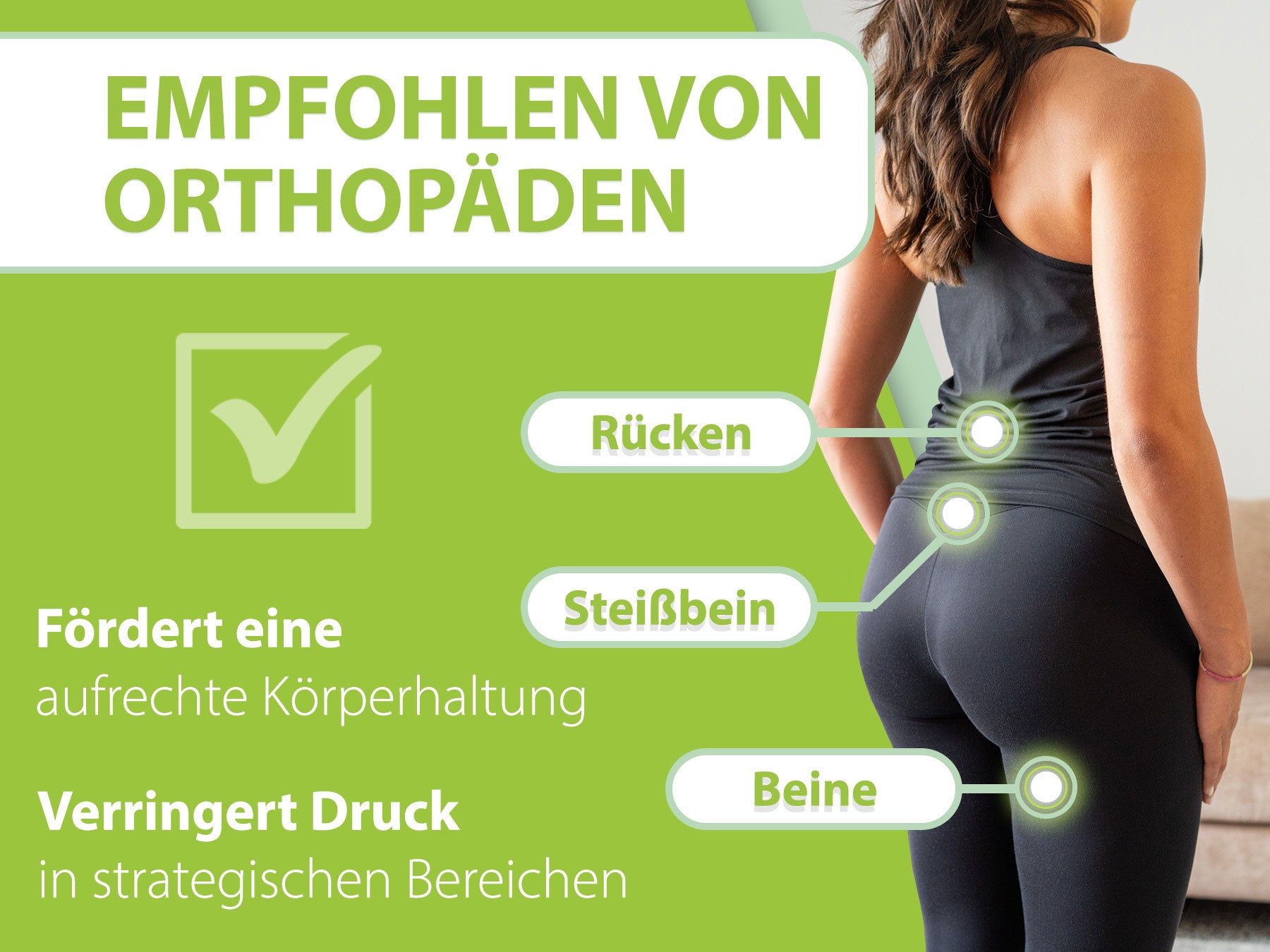 Werbegrafik 'EMPFOHLEN VON ORTHOPÄDEN' zeigt eine Frau von hinten in Sportkleidung, die aufrechte Körperhaltung demonstriert. Text und Diagramme auf grünem Hintergrund heben hervor: Fördert eine aufrechte Körperhaltung und verringert Druck in strategischen Bereichen wie Rücken, Steißbein und Beine.