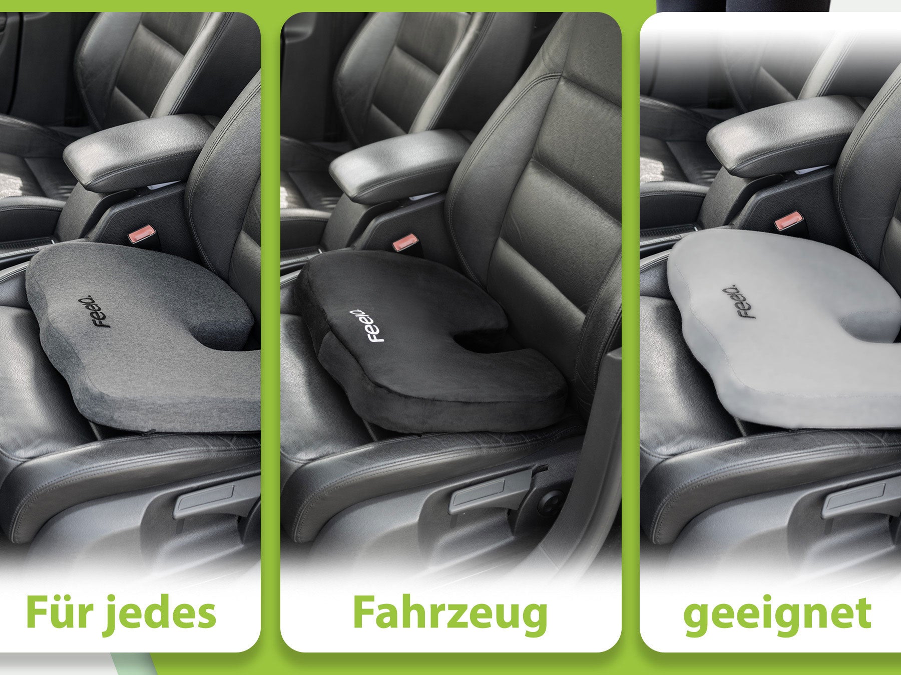 Drei verschiedene Ansichten von feela® orthopädischen Auto-Sitzkissen, platziert auf Autositzen in einer grauen Lederausstattung. Die Kissen in Grau, Schwarz und Silber werden in separaten Bildern gezeigt. Text unterteilt die Bilder: 'Für jedes Fahrzeug geeignet'.