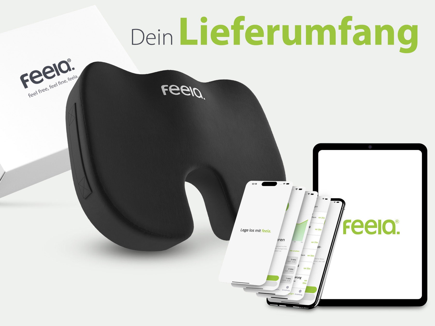 Lieferumfang des feela® orthopädischen Auto-Sitzkissens, bestehend aus einem schwarzen Sitzkissen, einer weißen Produktverpackung und einer digitalen Anwendung auf einem Smartphone und Tablet, alles angeordnet auf einem weißen Hintergrund mit dem Text 'Dein Lieferumfang'.