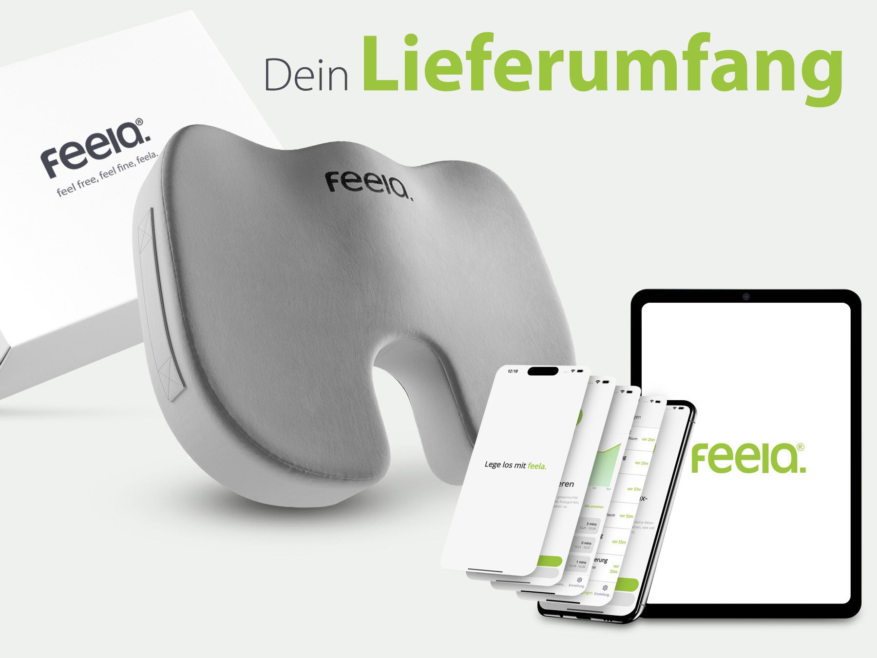 Lieferumfang des feela® orthopädischen Auto-Sitzkissens, bestehend aus einem silbernem Sitzkissen, einer weißen Produktverpackung und einer digitalen Anwendung auf einem Smartphone und Tablet, alles angeordnet auf einem weißen Hintergrund mit dem Text 'Dein Lieferumfang'.