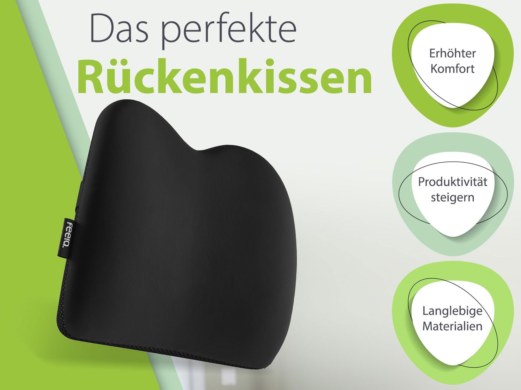 Grafik für das ergonomische Rückenkissen von feela in Schwarz, mit Highlights auf erhöhten Komfort, Produktivitätssteigerung und langlebige Materialien, dargestellt mit grünen und weißen kreisförmigen Designelementen.