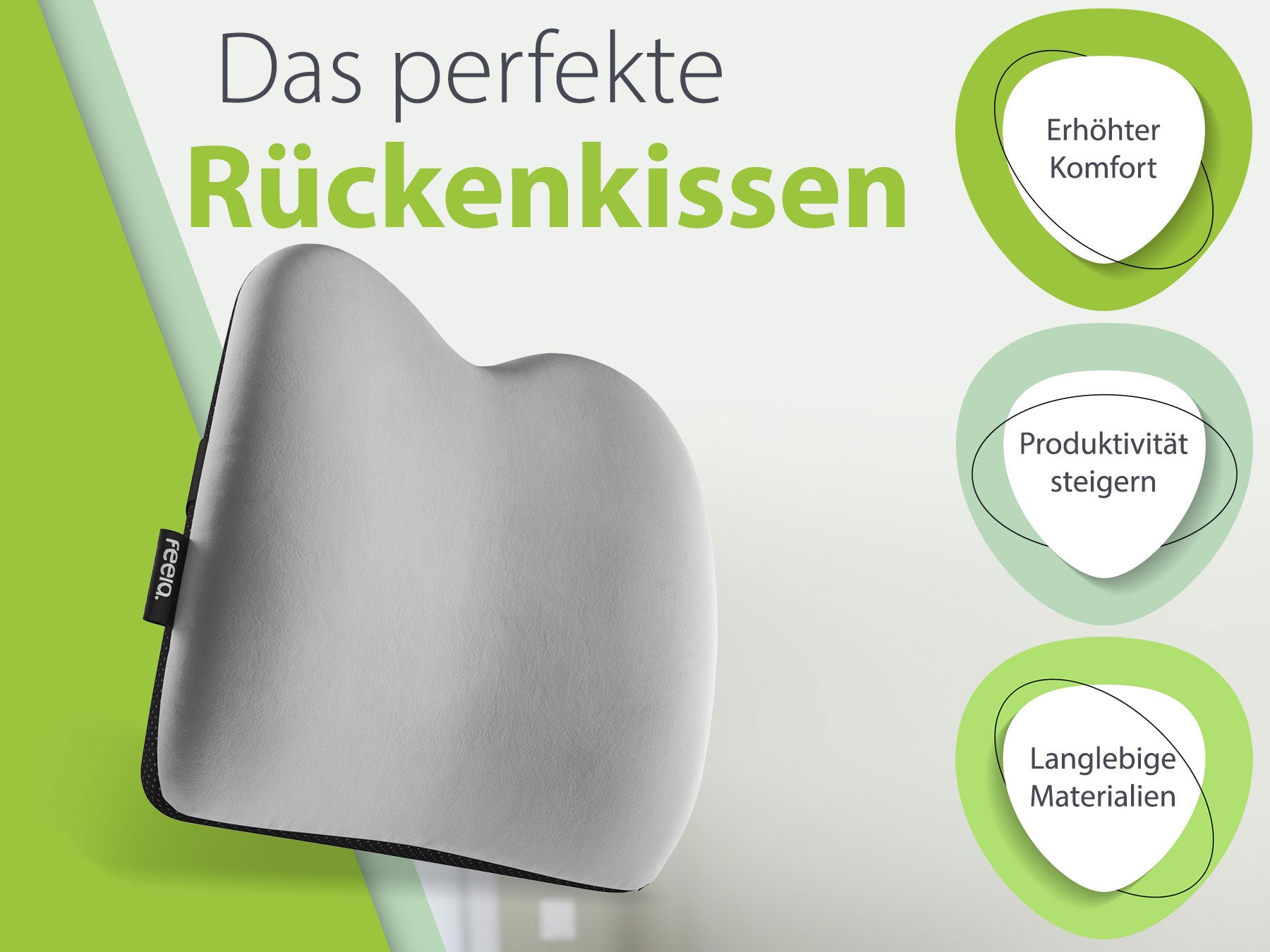 Werbegrafik des ergonomischen Rückenkissens von feela in Silber. Die Grafik stellt die Vorteile wie erhöhten Komfort, Produktivitätssteigerung und die Nutzung langlebiger Materialien dar, visualisiert durch grün-weiße Grafikelemente.