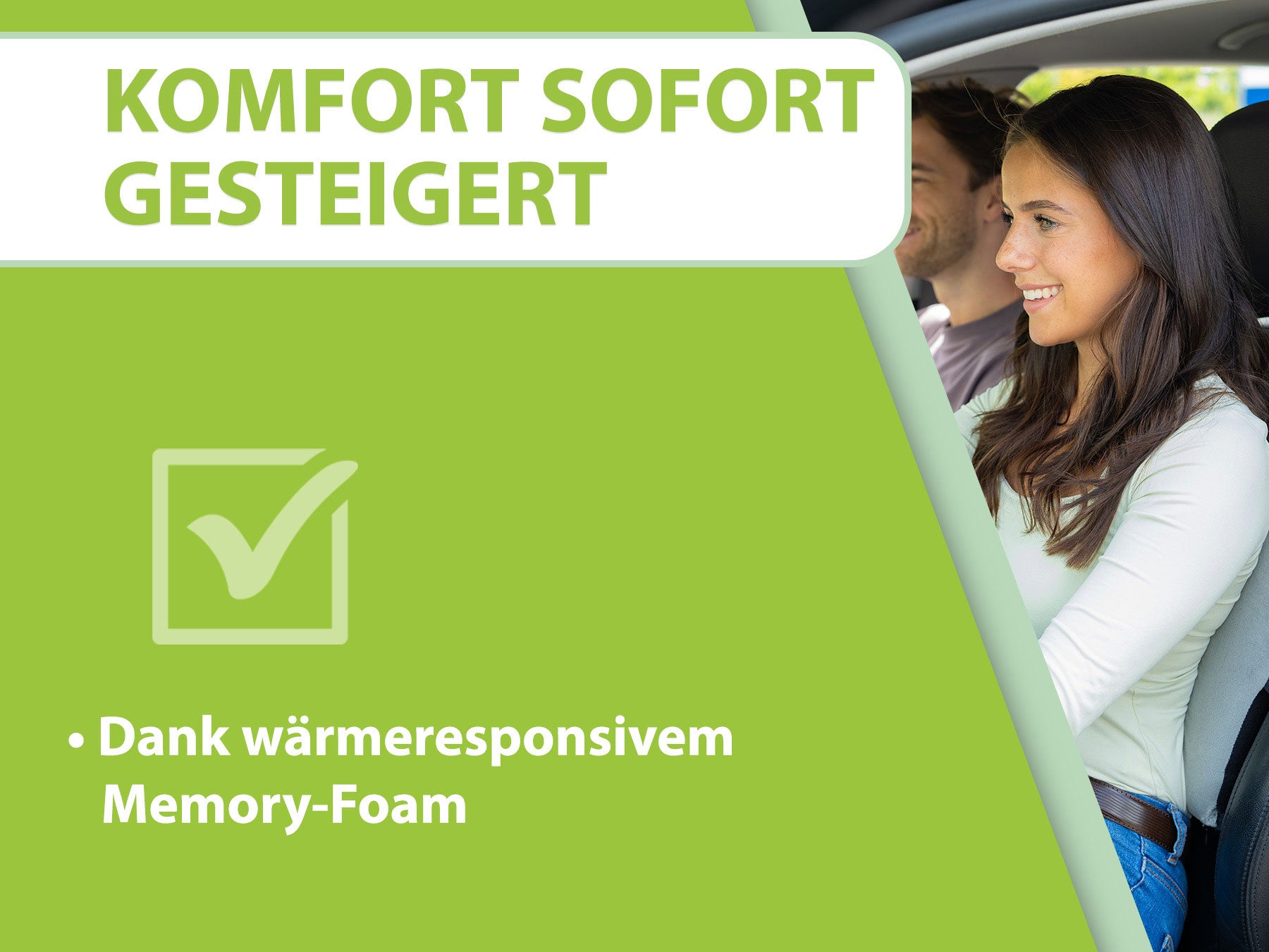 Grafik zeigt eine Frau im Auto, die das ergonomische Rückenkissen von feela nutzt, hervorgehoben wird die sofortige Komfortsteigerung durch wärmeresponsiven Memory-Foam.