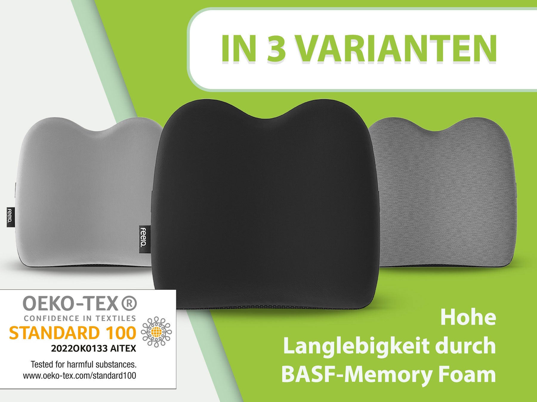 Übersicht der drei verfügbaren Varianten des Rückenkissens von feela in dunkelgrau, schwarz und silber, betont wird die hohe Langlebigkeit durch BASF-Memory Foam.