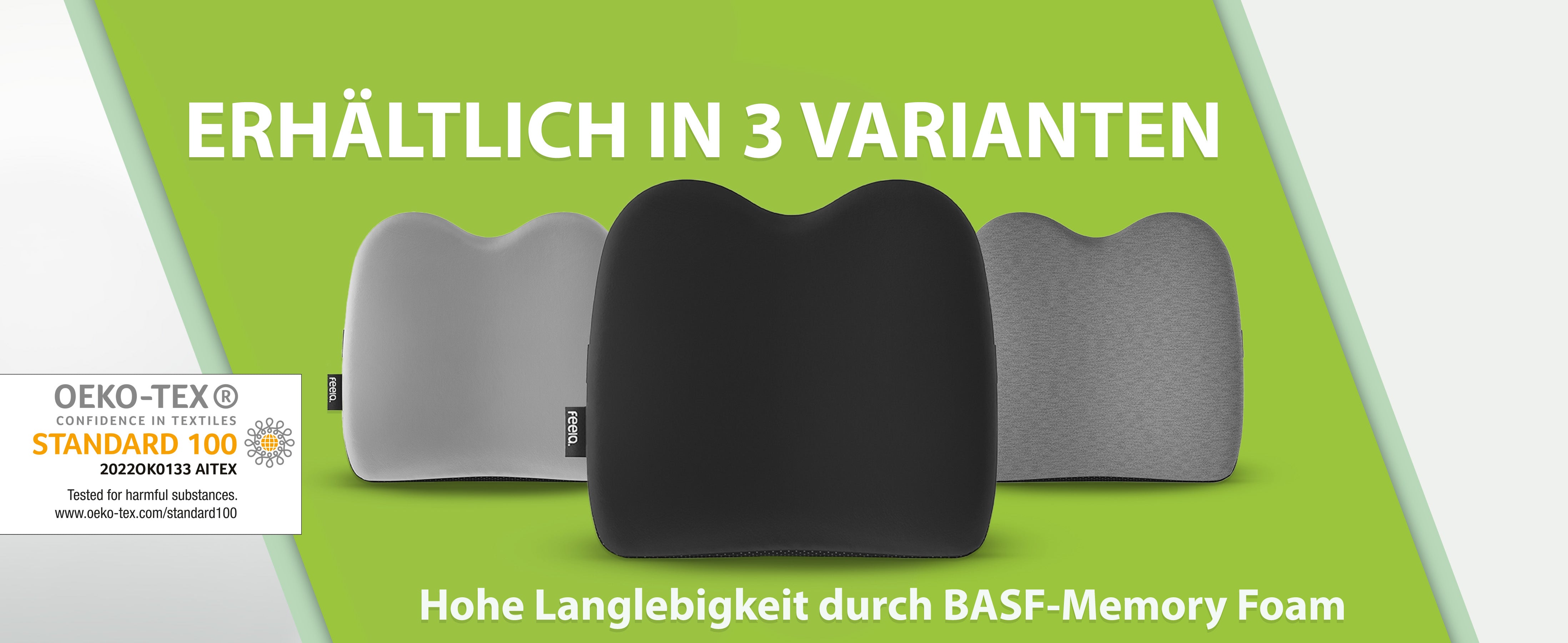 Drei Varianten des feela Auto-Rückenkissens in verschiedenen Farben, hervorgehoben mit dem Öko-Tex Standard 100 Siegel und dem Hinweis auf hohe Langlebigkeit durch BASF-Memory Foam. Der Schwerpunkt liegt auf der Vielfalt und Qualität der Produktmaterialien.