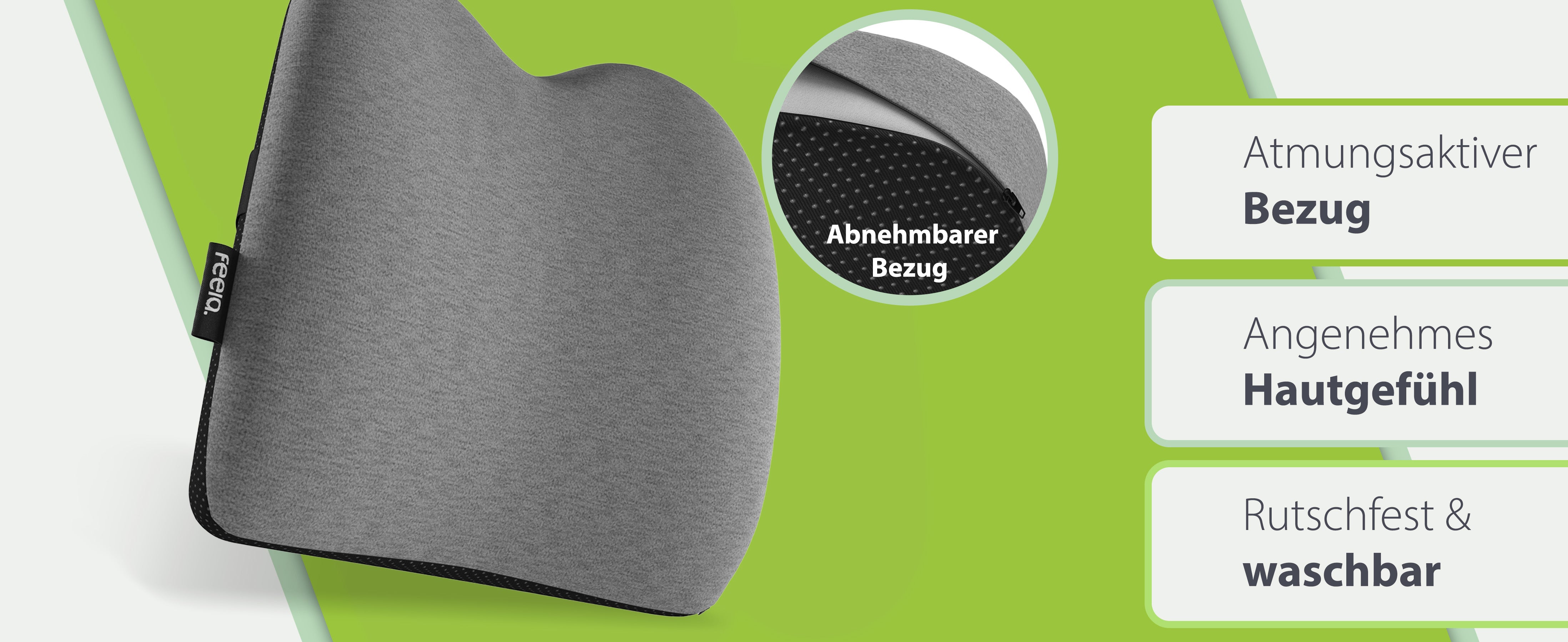 Nahaufnahme des dunkelgrauen feela Auto-Rückenkissens mit Merkmalen wie atmungsaktivem Bezug, angenehmem Hautgefühl und Rutschfestigkeit. Der Bezug ist abnehmbar und waschbar, mit Fokus auf das Feelalogo an der Seite des Kissens.