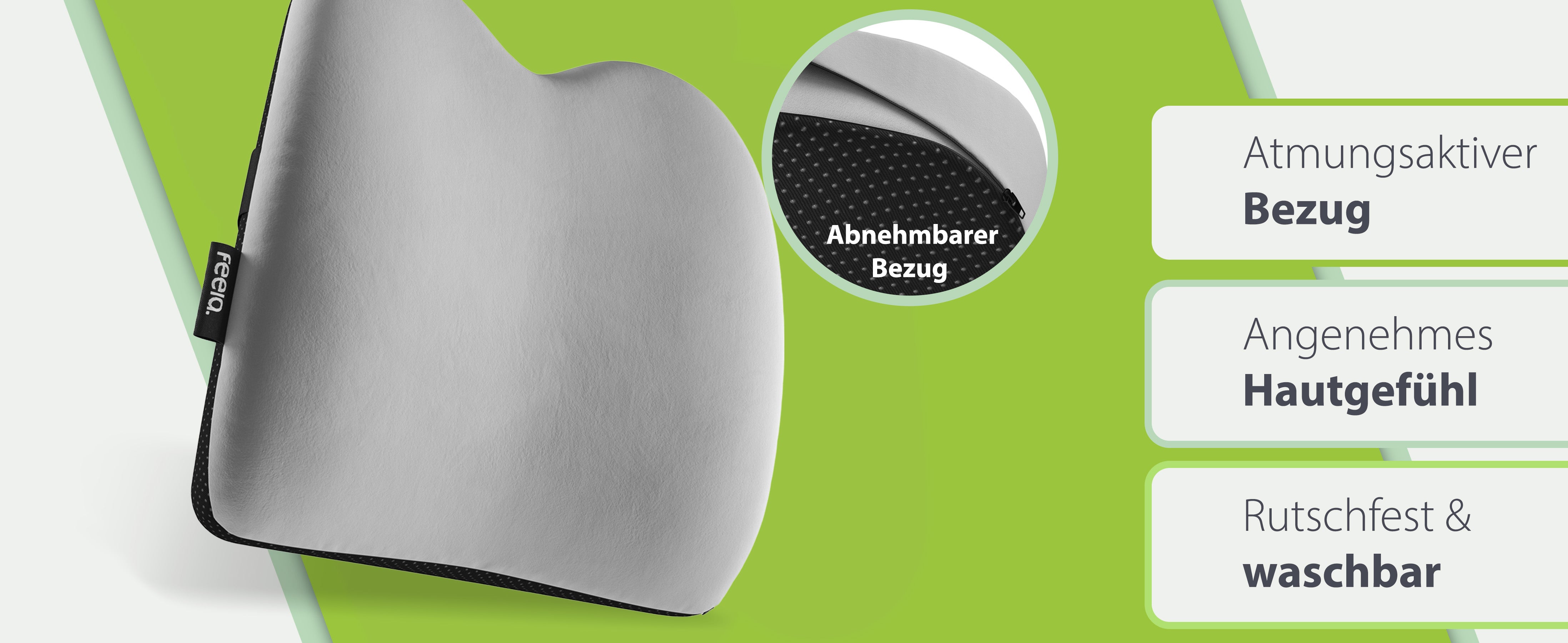 Nahaufnahme des silbernen feela Auto-Rückenkissens mit Merkmalen wie atmungsaktivem Bezug, angenehmem Hautgefühl und Rutschfestigkeit. Der Bezug ist abnehmbar und waschbar, mit Fokus auf das Feelalogo an der Seite des Kissens.